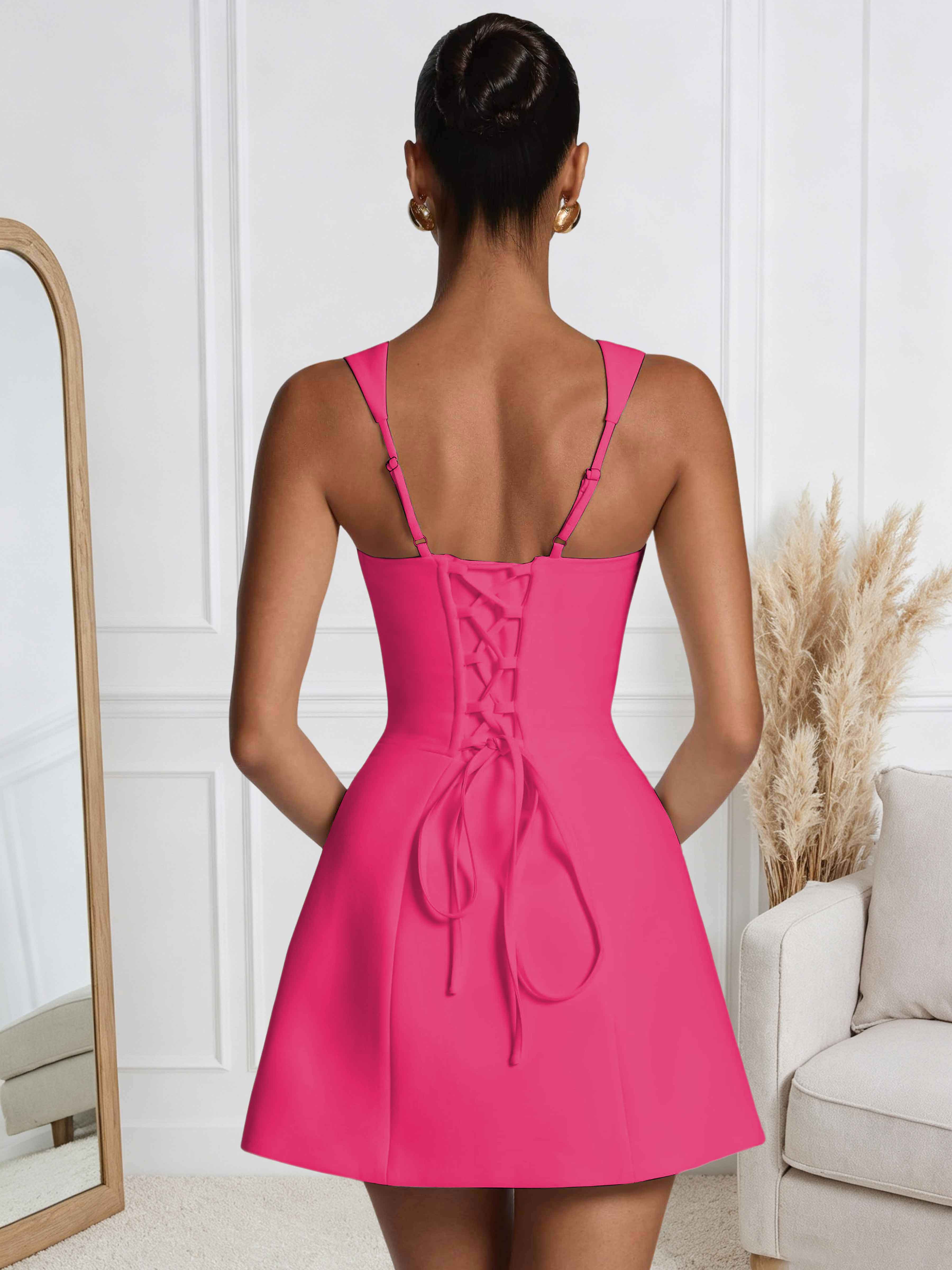 ROVDESY A-Line Square Neck Satin Homecoming Mini Dress