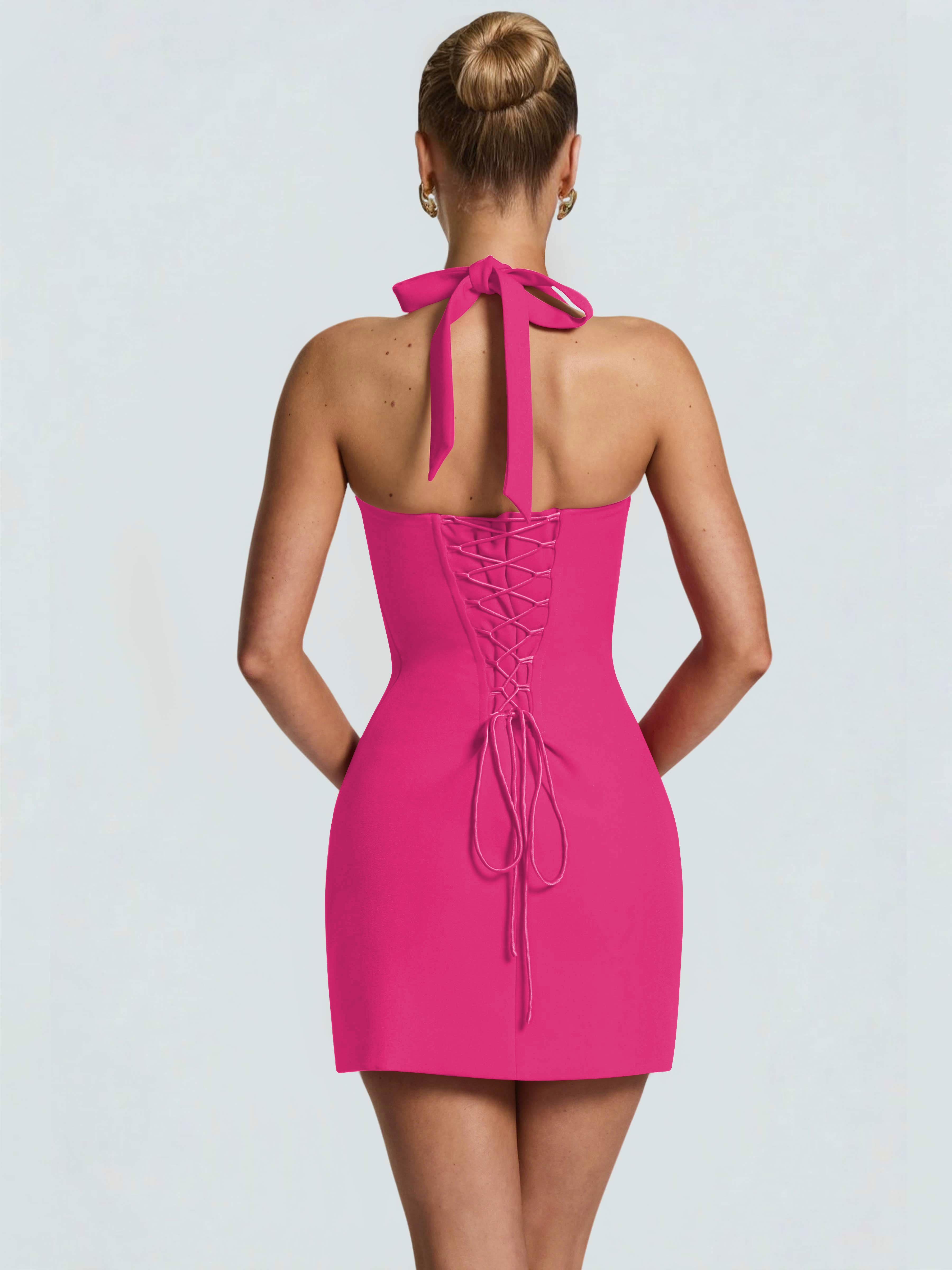 ROVDESY Halter Lace Satin Tight Homecoming Mini Dress