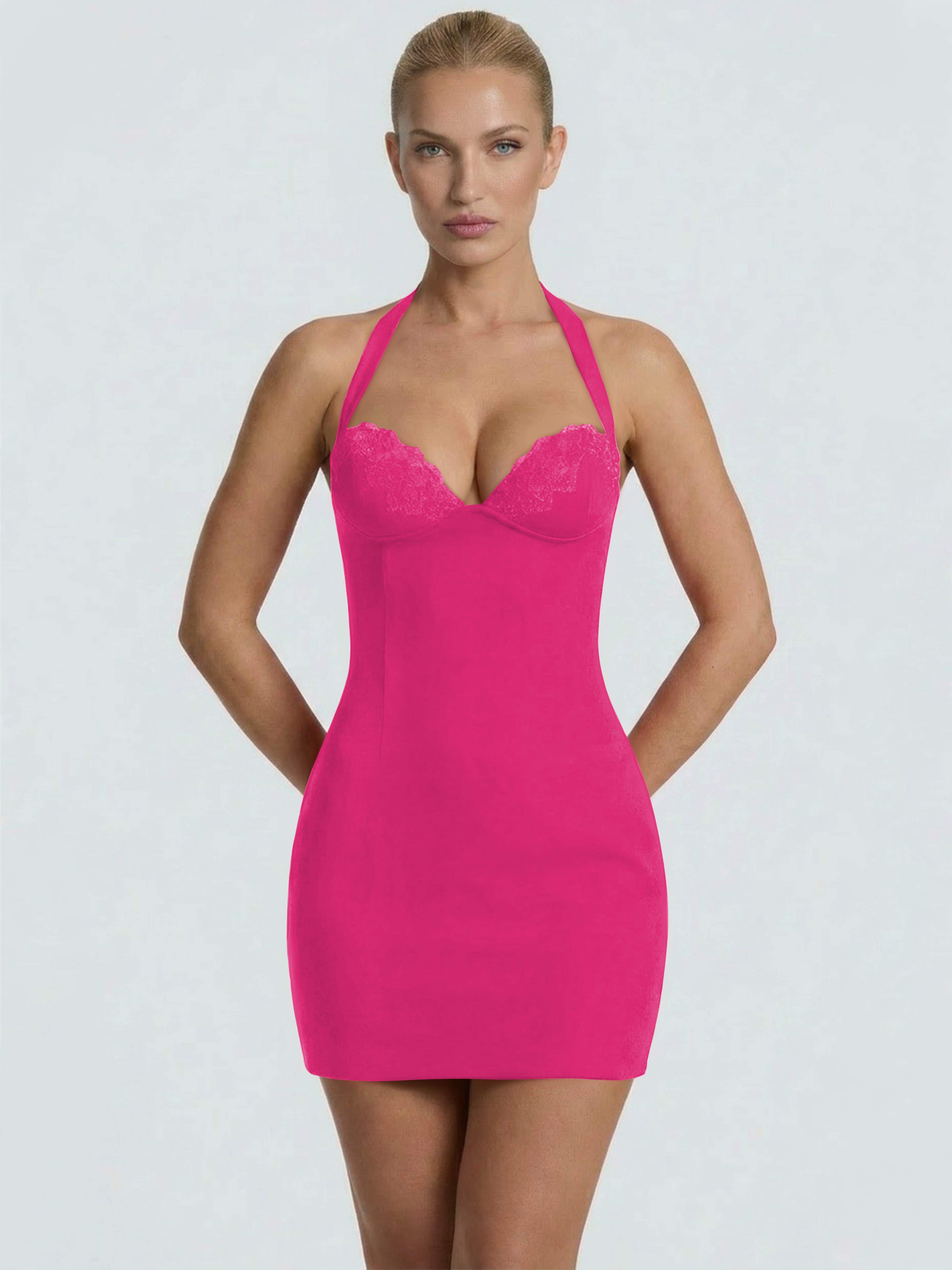 ROVDESY Halter Lace Satin Tight Homecoming Mini Dress