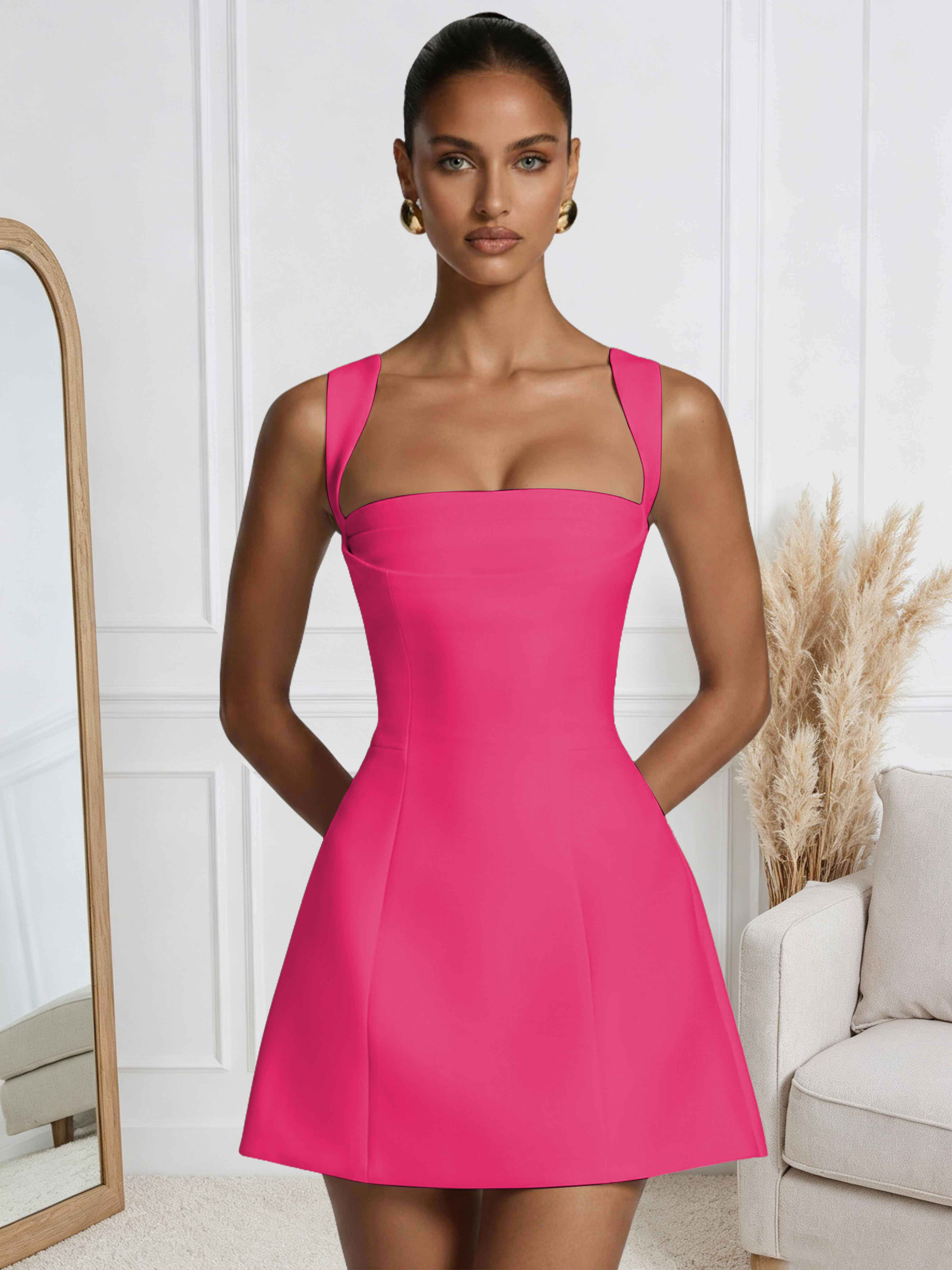ROVDESY A-Line Square Neck Satin Homecoming Mini Dress