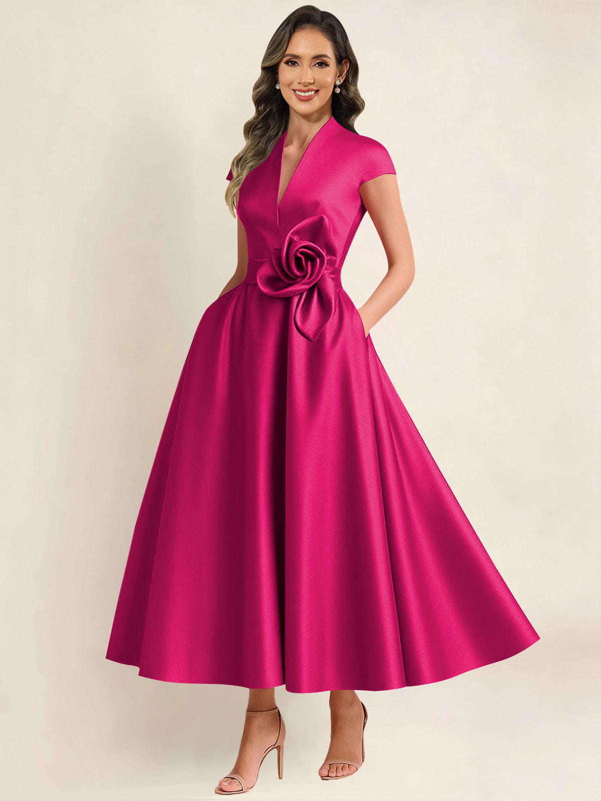 A Line V Neck 3D Flower Satin Mother of the Bride Dress