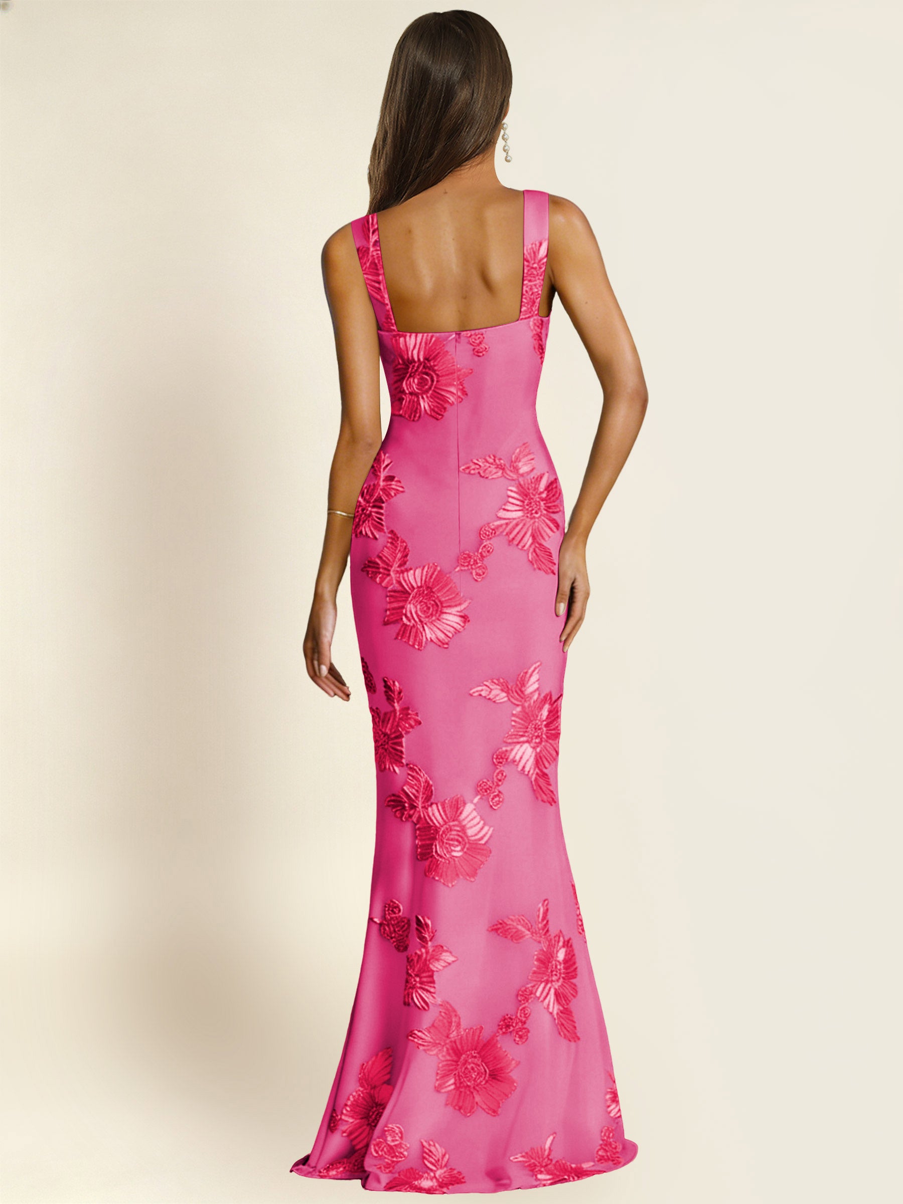 ROVDESY Square Neck Floral Applique Mermaid Long Prom/Bridesmaid Dress