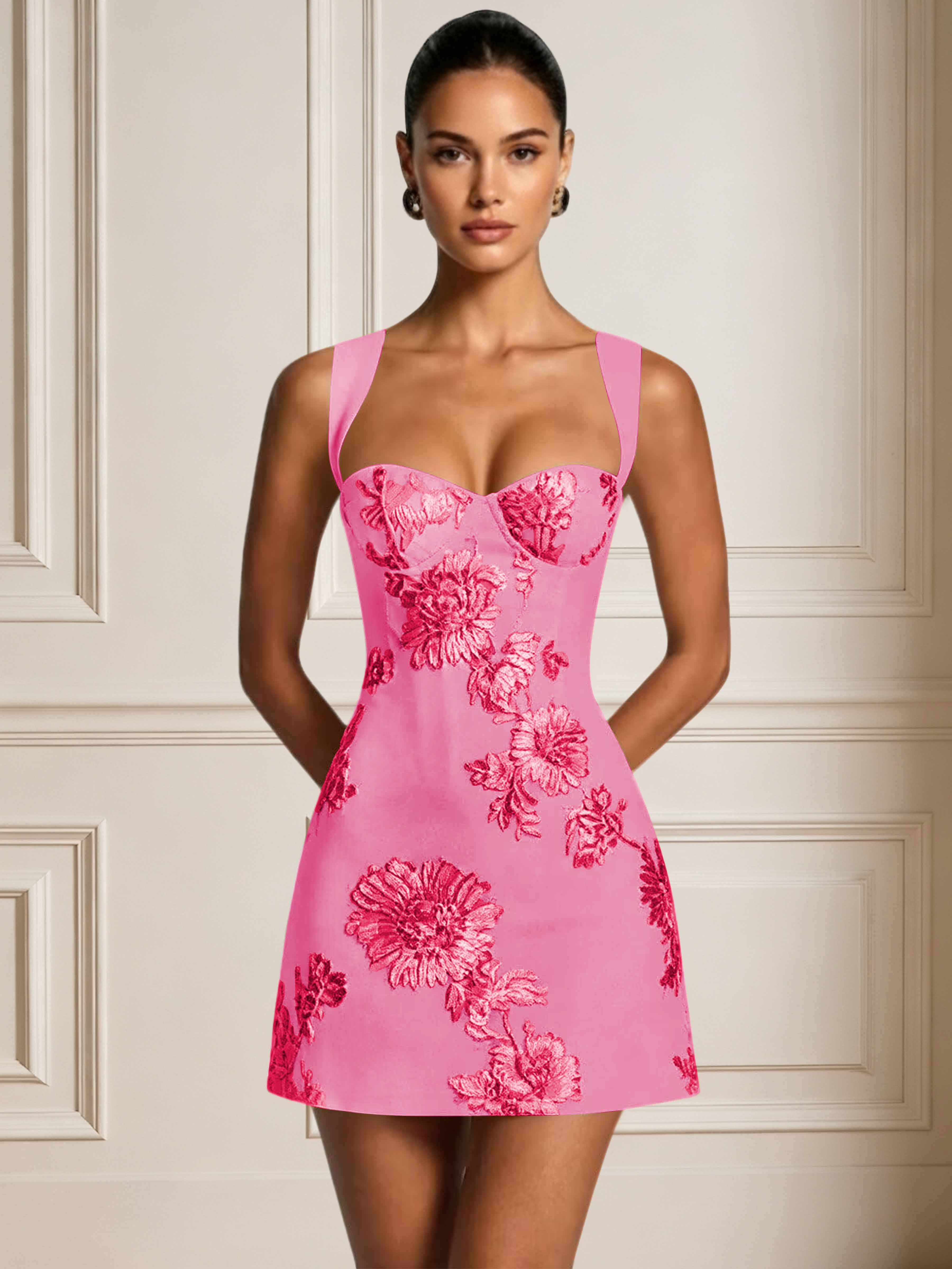 ROVDESY A-Line Sweetheart Floral Embroidery Homecoming Mini Dress
