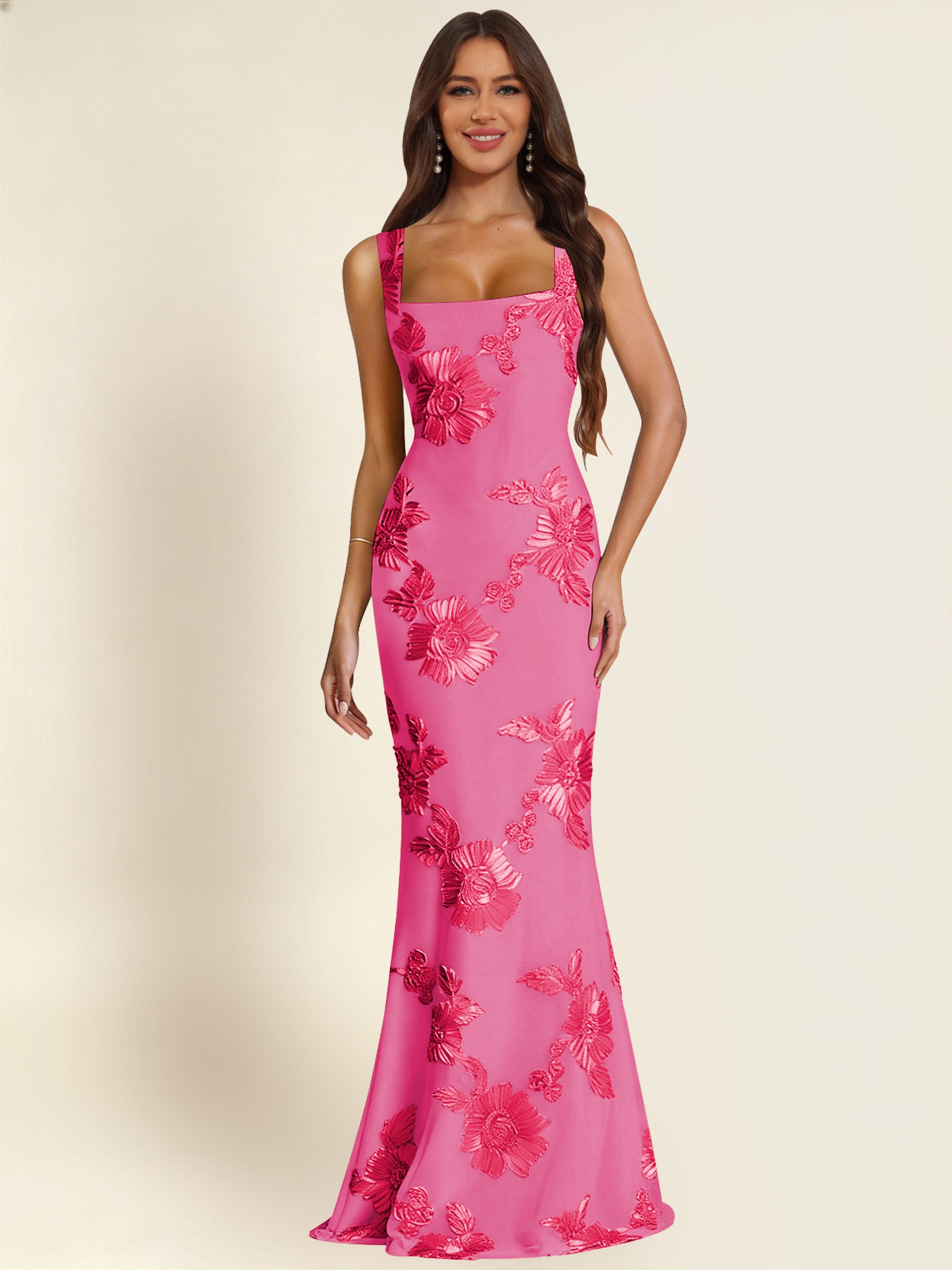 ROVDESY Square Neck Floral Applique Mermaid Long Prom/Bridesmaid Dress