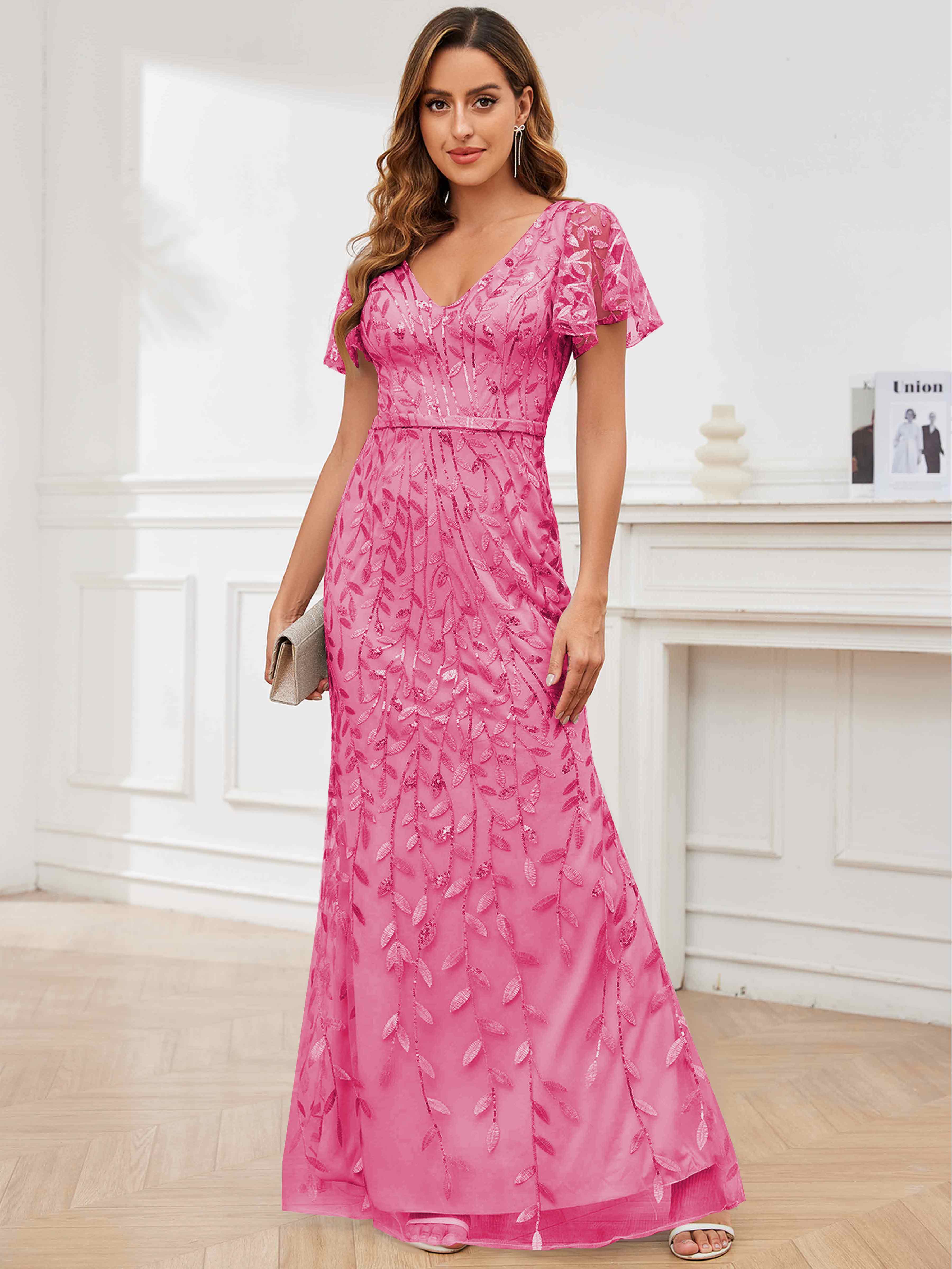 ROVDESY V-Neck Mermaid Sequin Mother Of The Bride Dress With Short Sleeves
