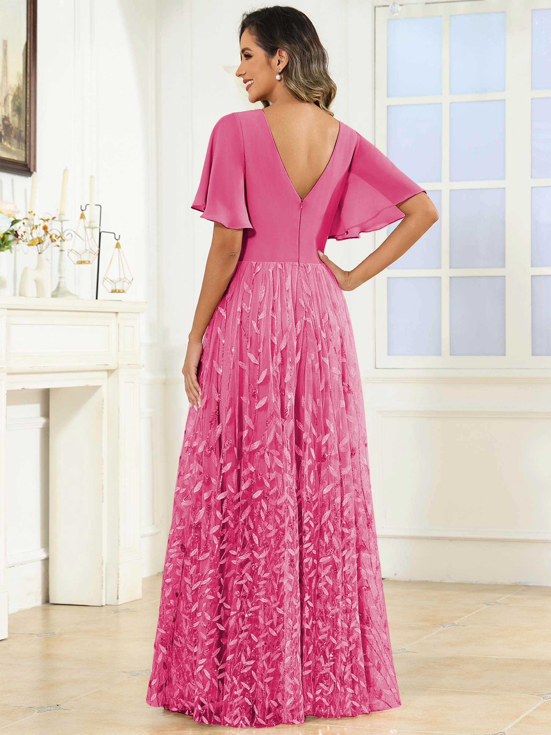 ROVDESY A-Line V-Neck Chiffon Sequin Mother Of The Bride Dress With Short Sleeves