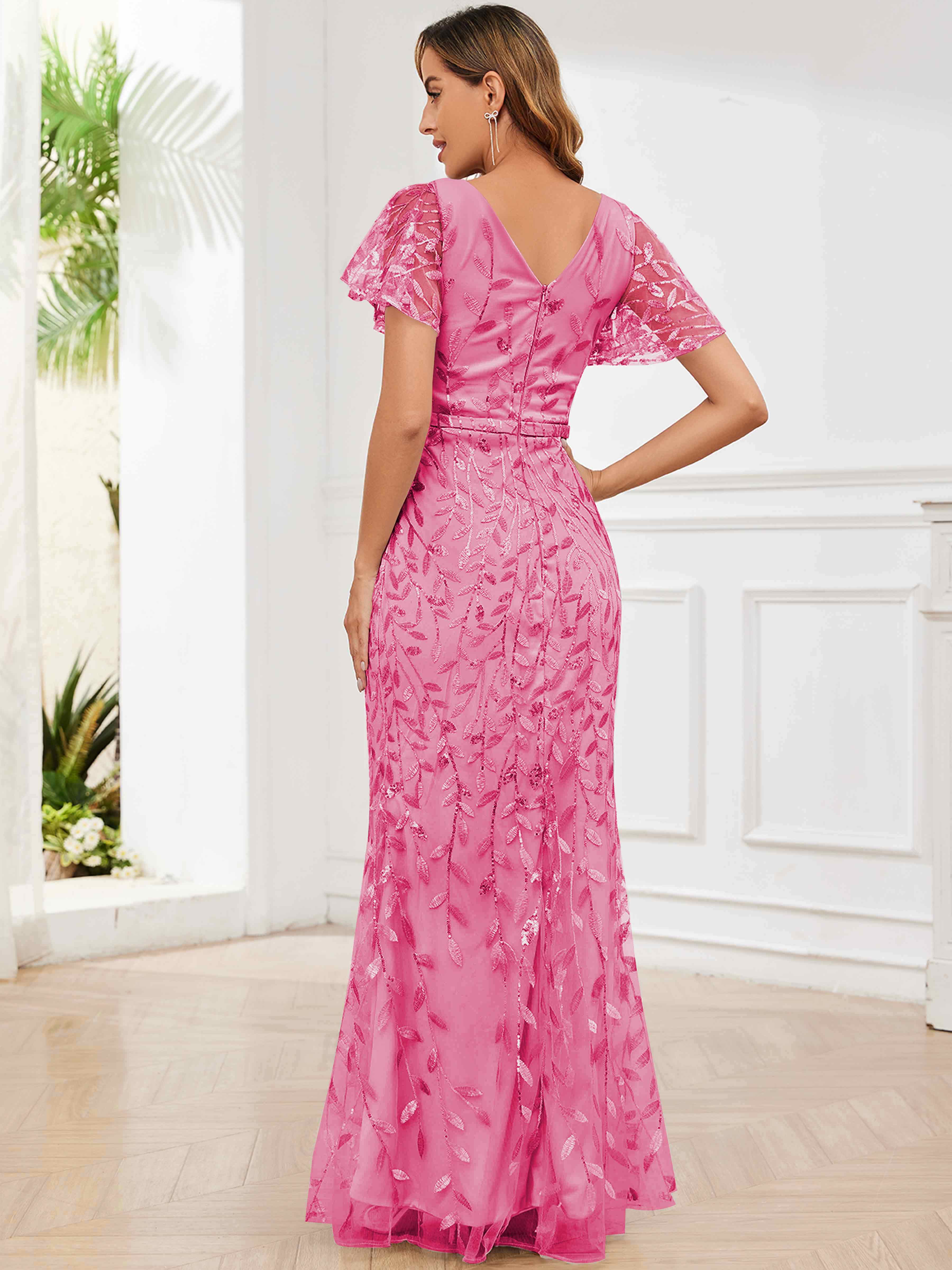 ROVDESY V-Neck Mermaid Sequin Mother Of The Bride Dress With Short Sleeves