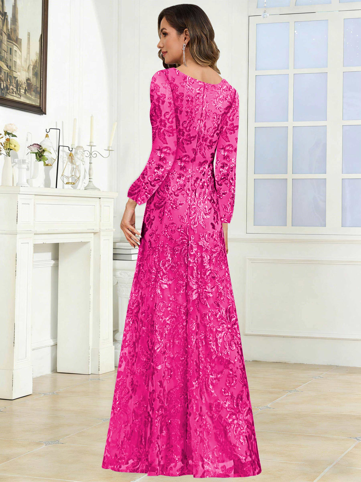 Crew Neck Sequin Lace Long Sleeve Mother of the Bride Dress