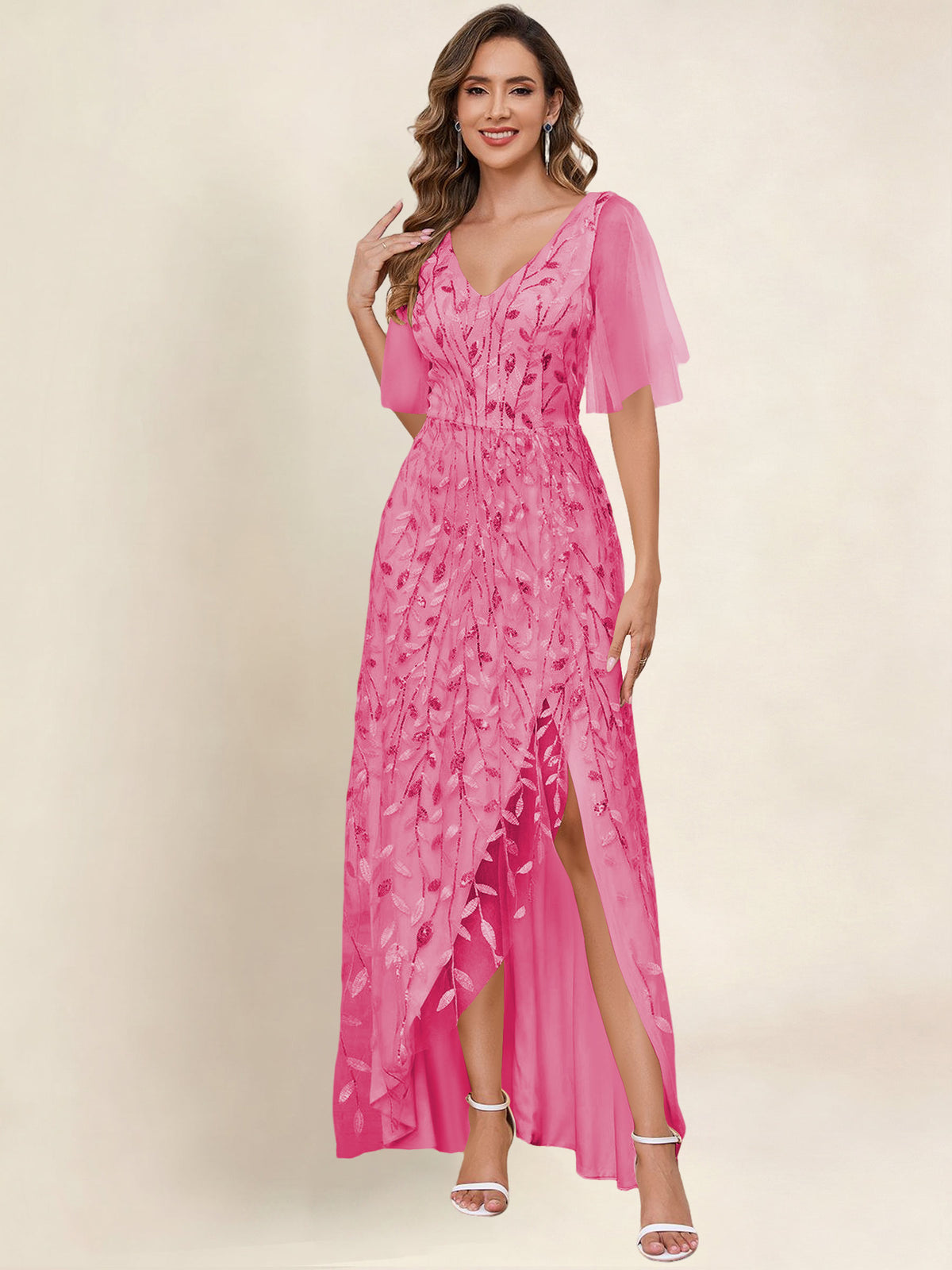 V Neck Sequin Tulle A Line Mother of the Bride Dress with Sleeves