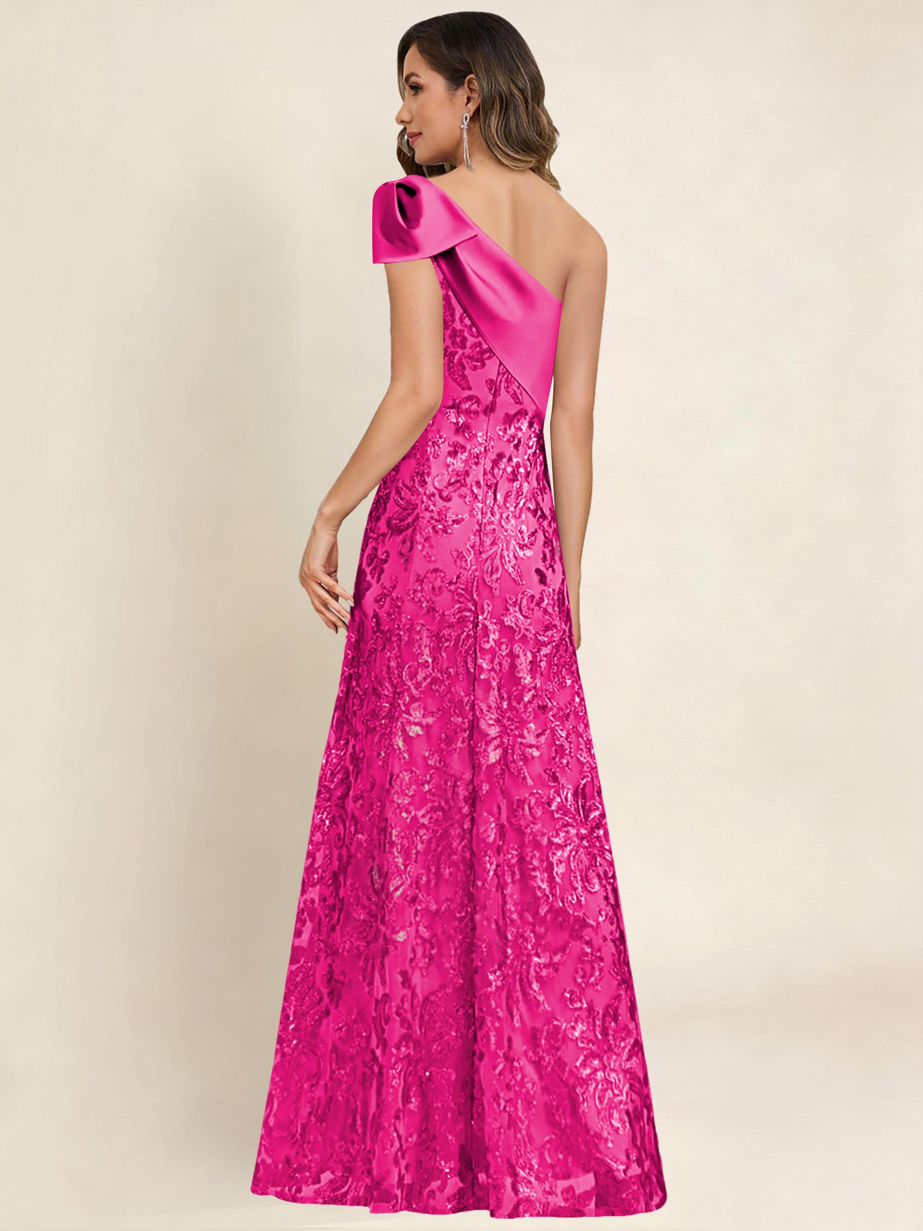 ROVDESY One Shoulder Sequin Mermaid Long Mother Of The Bride Dress Formal Gown With Bow