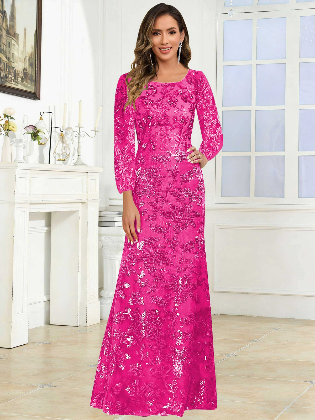 Crew Neck Sequin Lace Long Sleeve Mother of the Bride Dress
