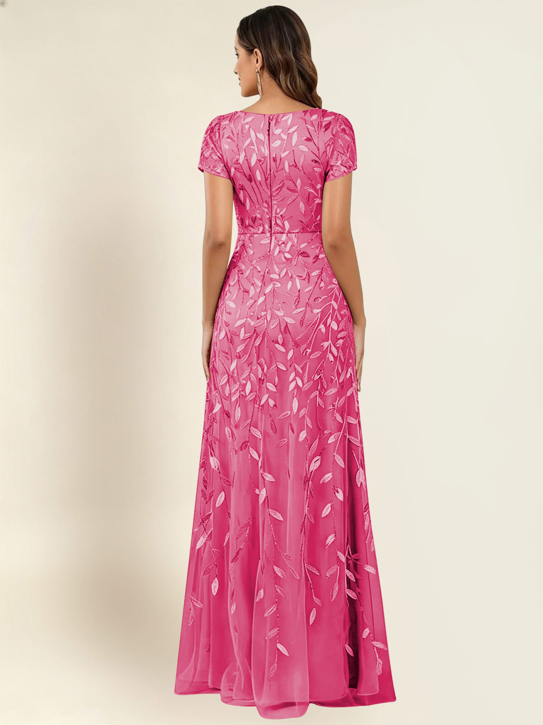 ROVDESY Sequin Mermaid Long Mother Of The Bride Dress With Short Sleeves Formal Gown