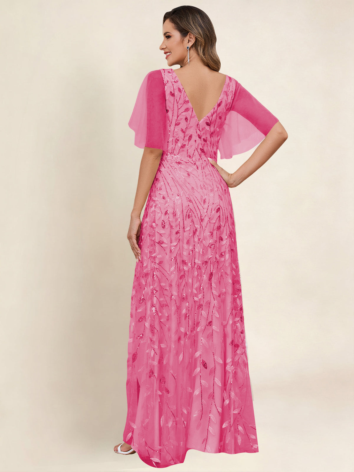 V Neck Sequin Tulle A Line Mother of the Bride Dress with Sleeves