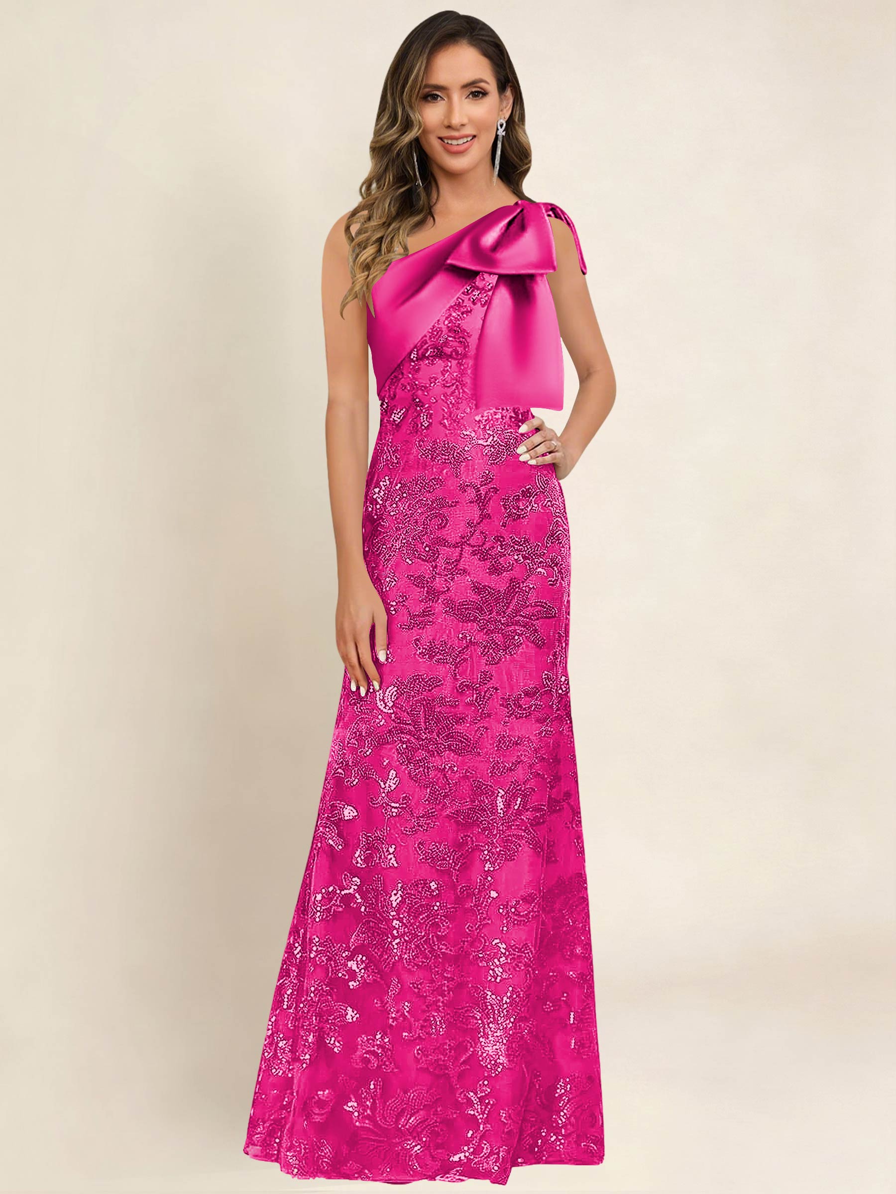 ROVDESY One Shoulder Sequin Mermaid Long Mother Of The Bride Dress Formal Gown With Bow