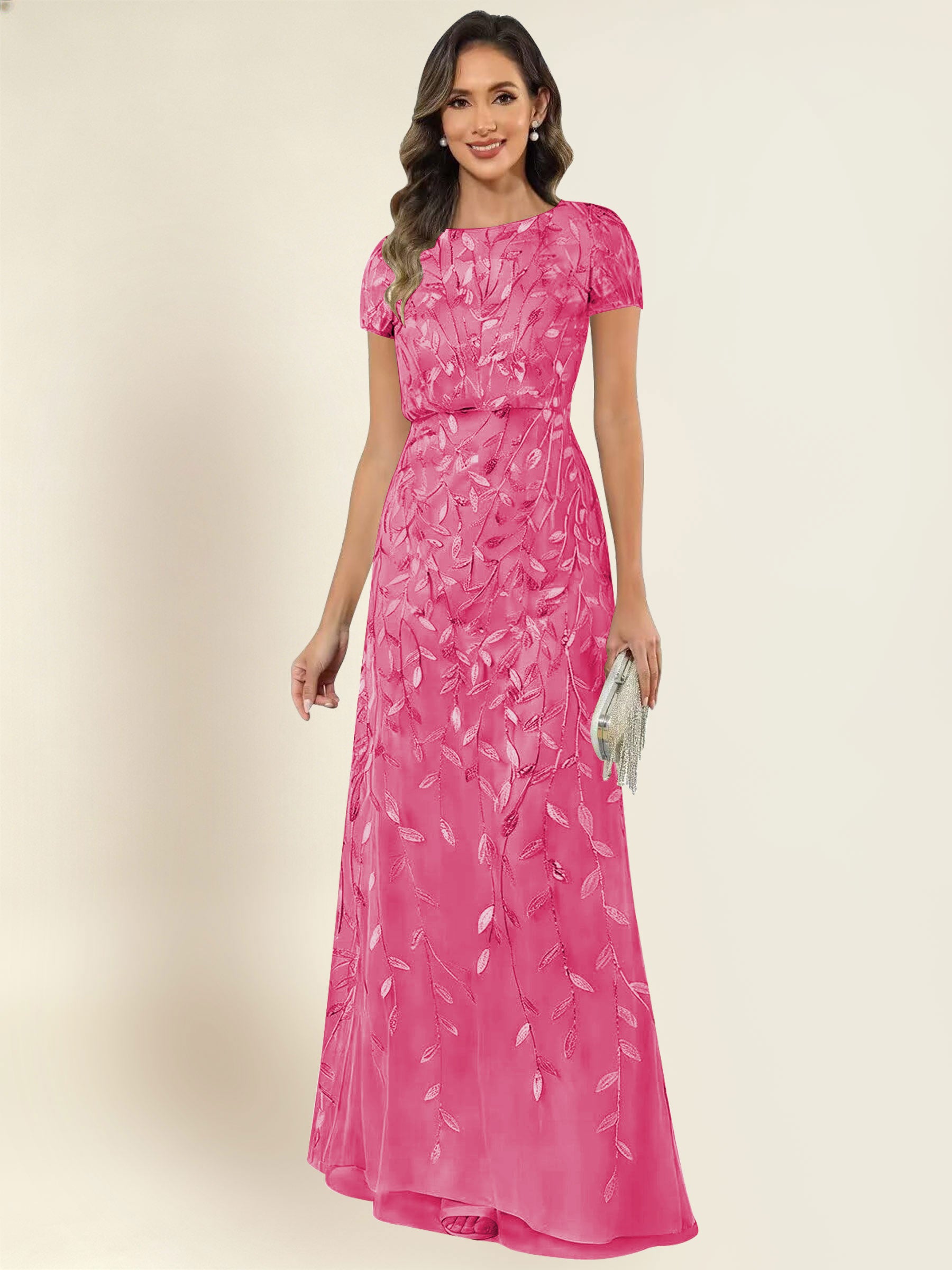 ROVDESY Sequin Mermaid Long Mother Of The Bride Dress With Short Sleeves Formal Gown