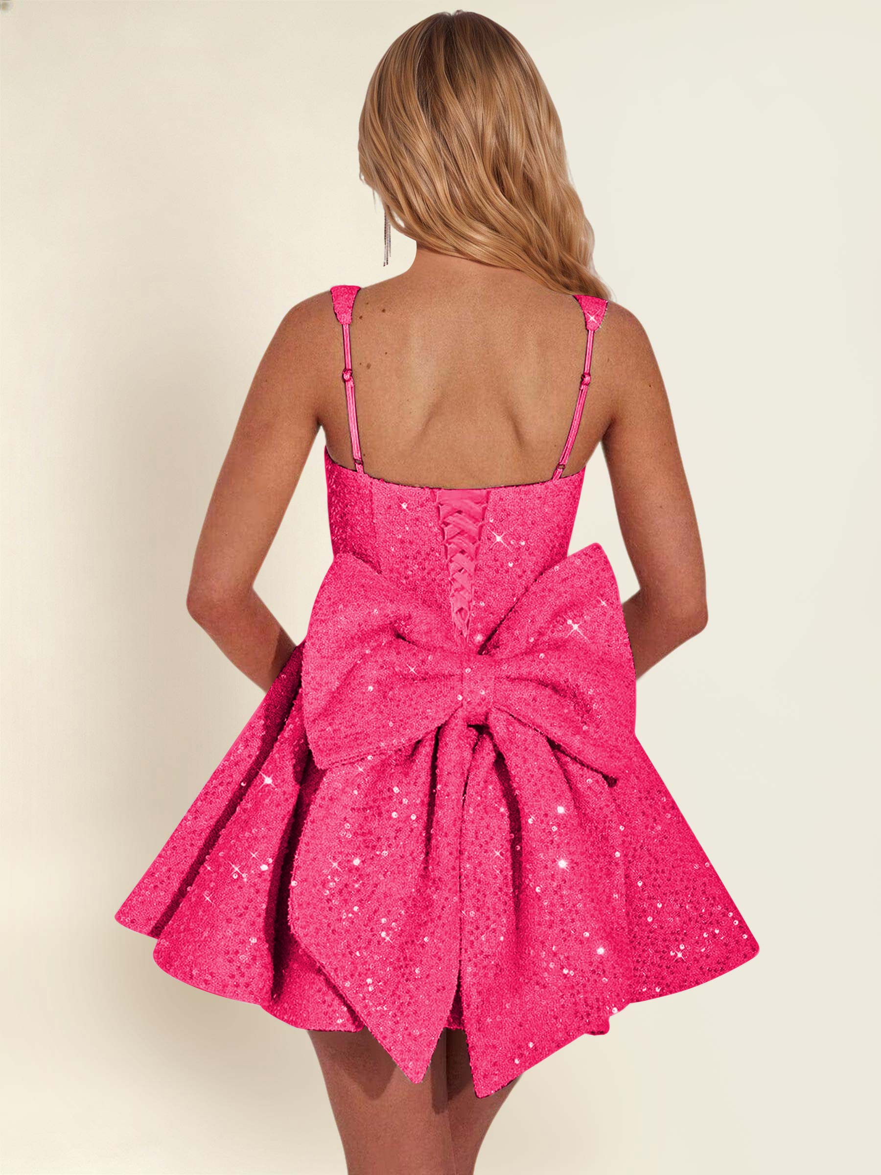 ROVDESY Sparkly Sequin A-Line Square Neck Homecoming Mini Dress With Big Bow