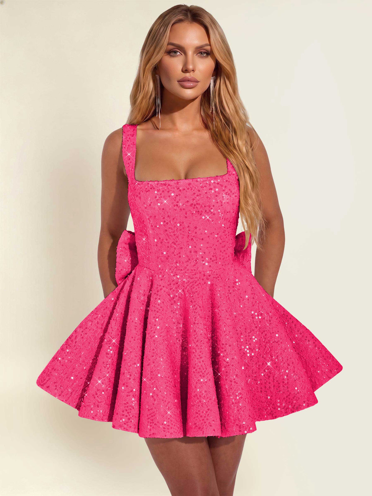 ROVDESY Sparkly Sequin A-Line Square Neck Homecoming Mini Dress With Big Bow