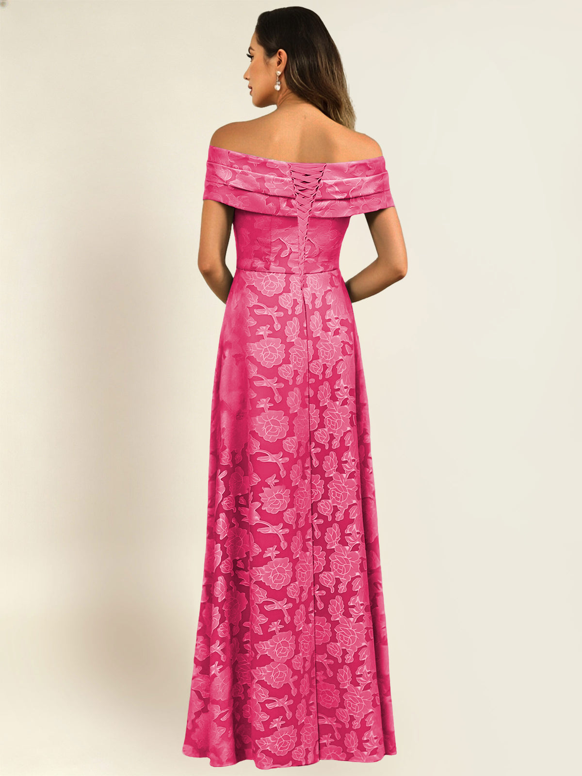 ROVDESY Off the Shoulder Floral Jacquard A-Line Long Mother of the Bride Dress
