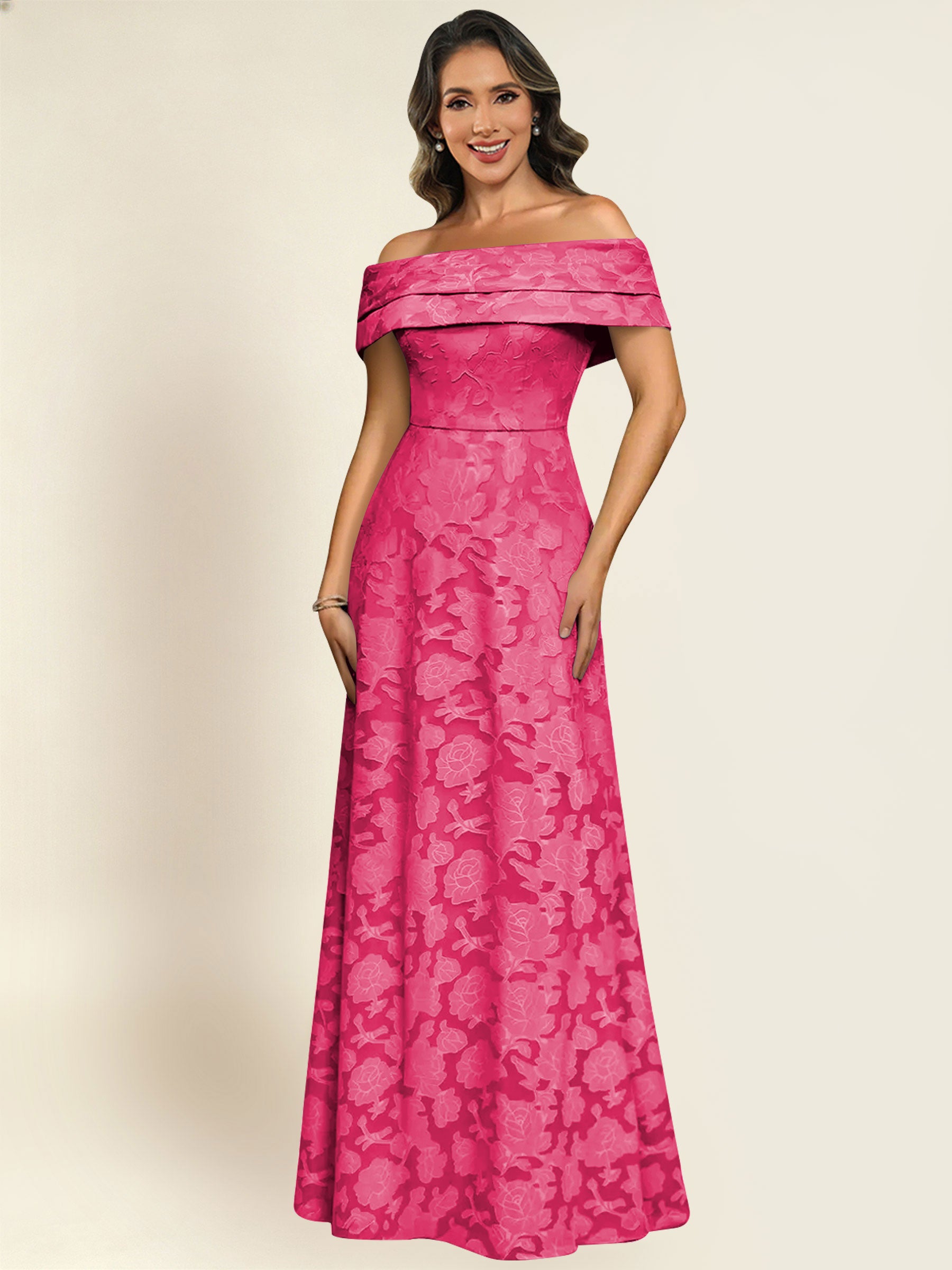 ROVDESY Off the Shoulder Floral Jacquard A-Line Long Mother of the Bride Dress