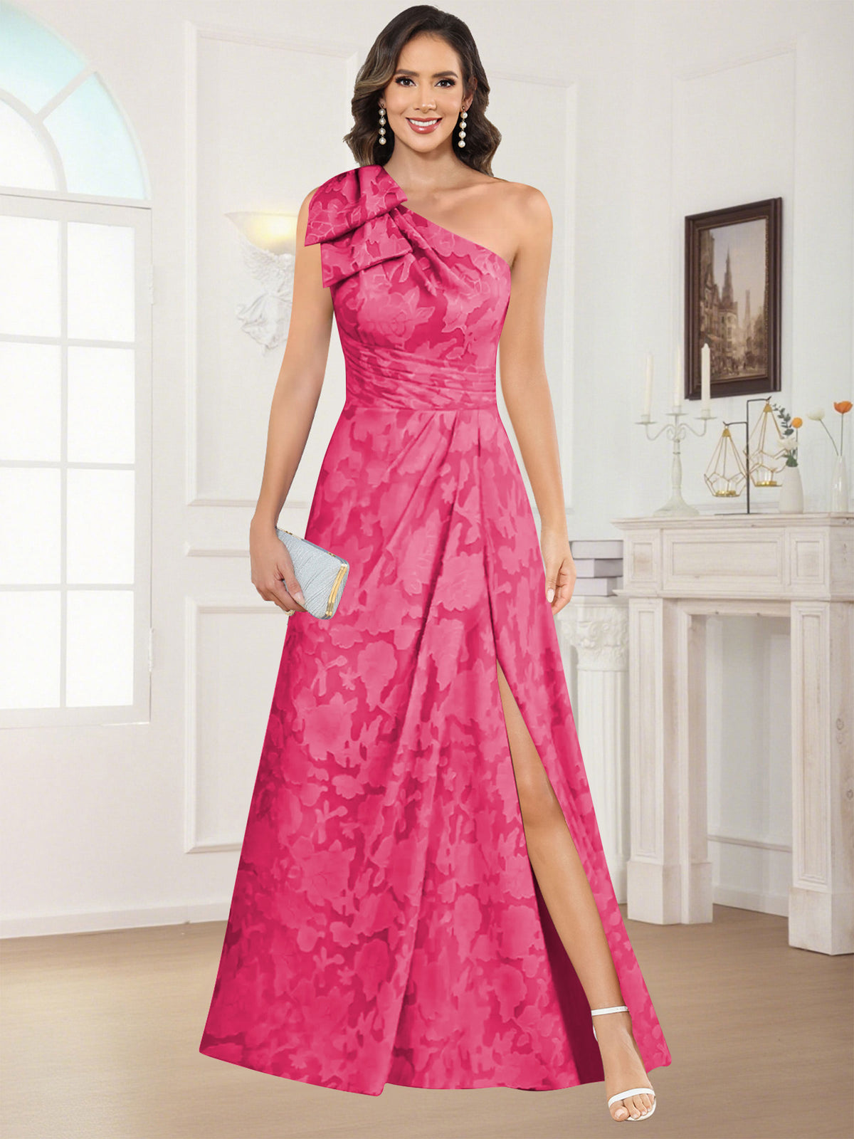 One Shoulder Floral Jacquard Mother of the Bride Dress