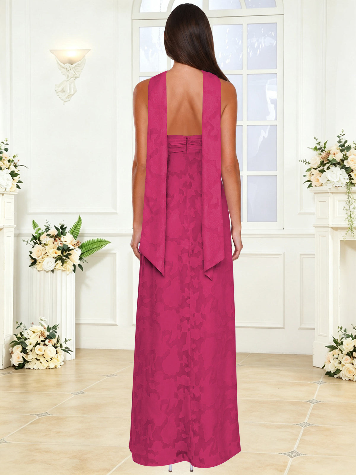 Spaghetti Strap Ruched Floral Jacquard A Line Bridesmaid Dress with Scarf