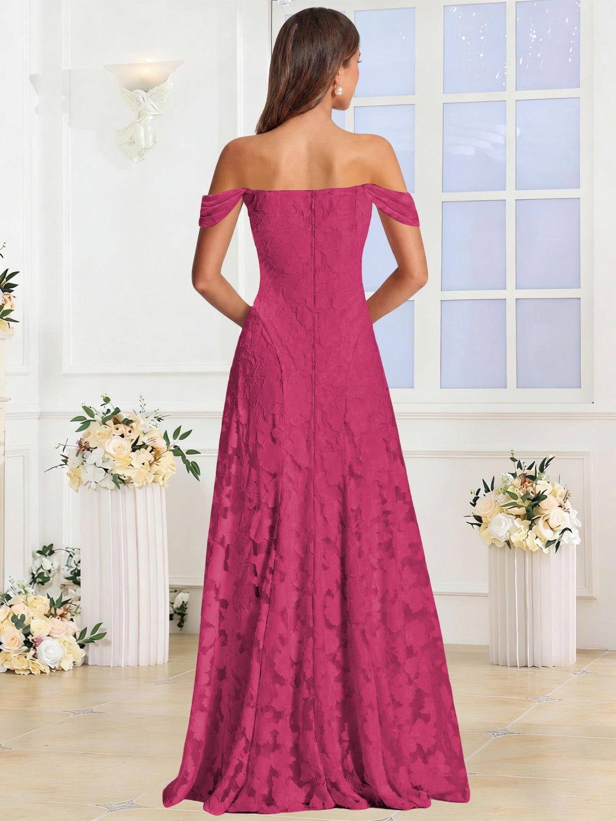 Off the Shoulder Floral Ruched A-line Bridesmaid Dress