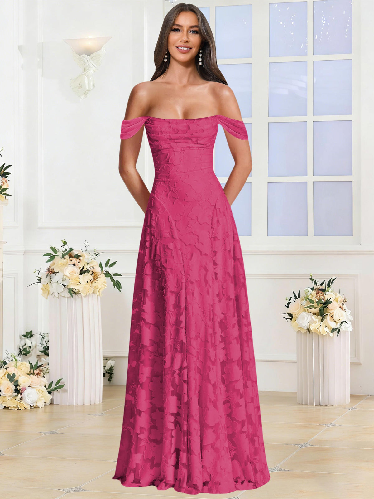 Off the Shoulder Floral Ruched A-line Bridesmaid Dress