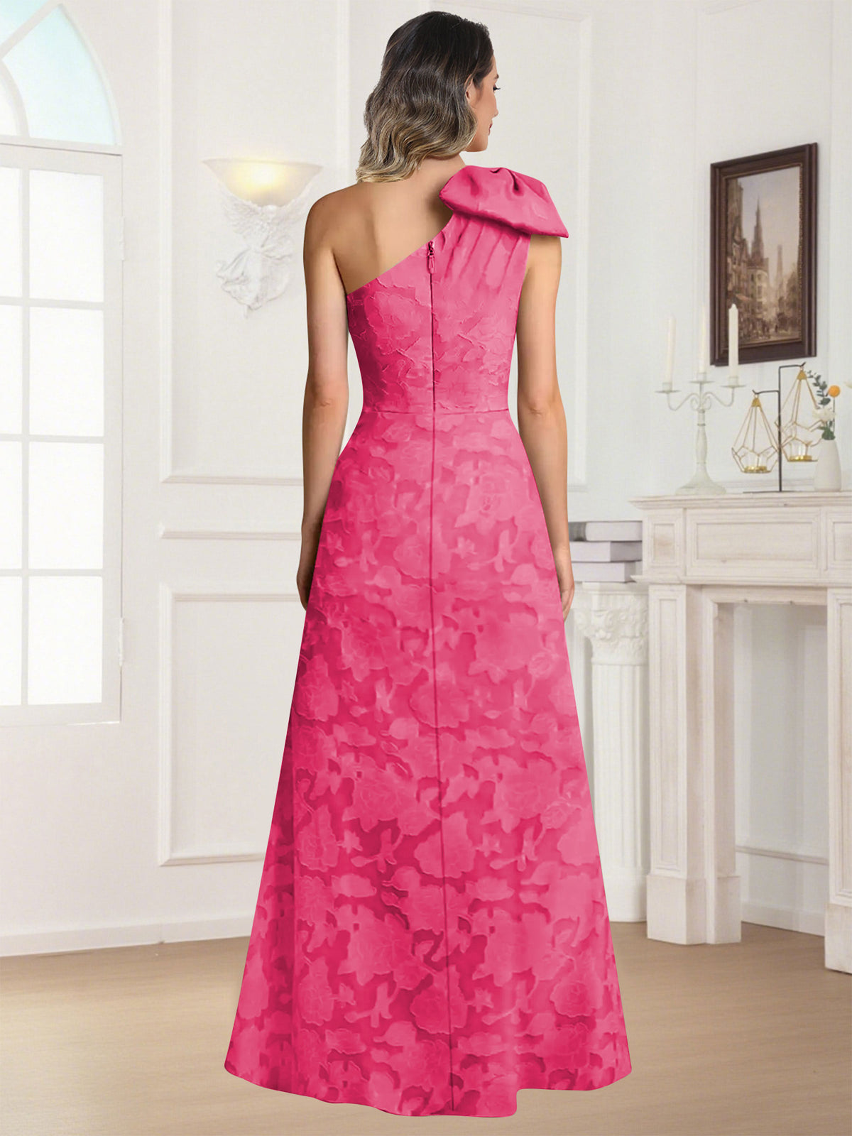 One Shoulder Floral Jacquard Mother of the Bride Dress