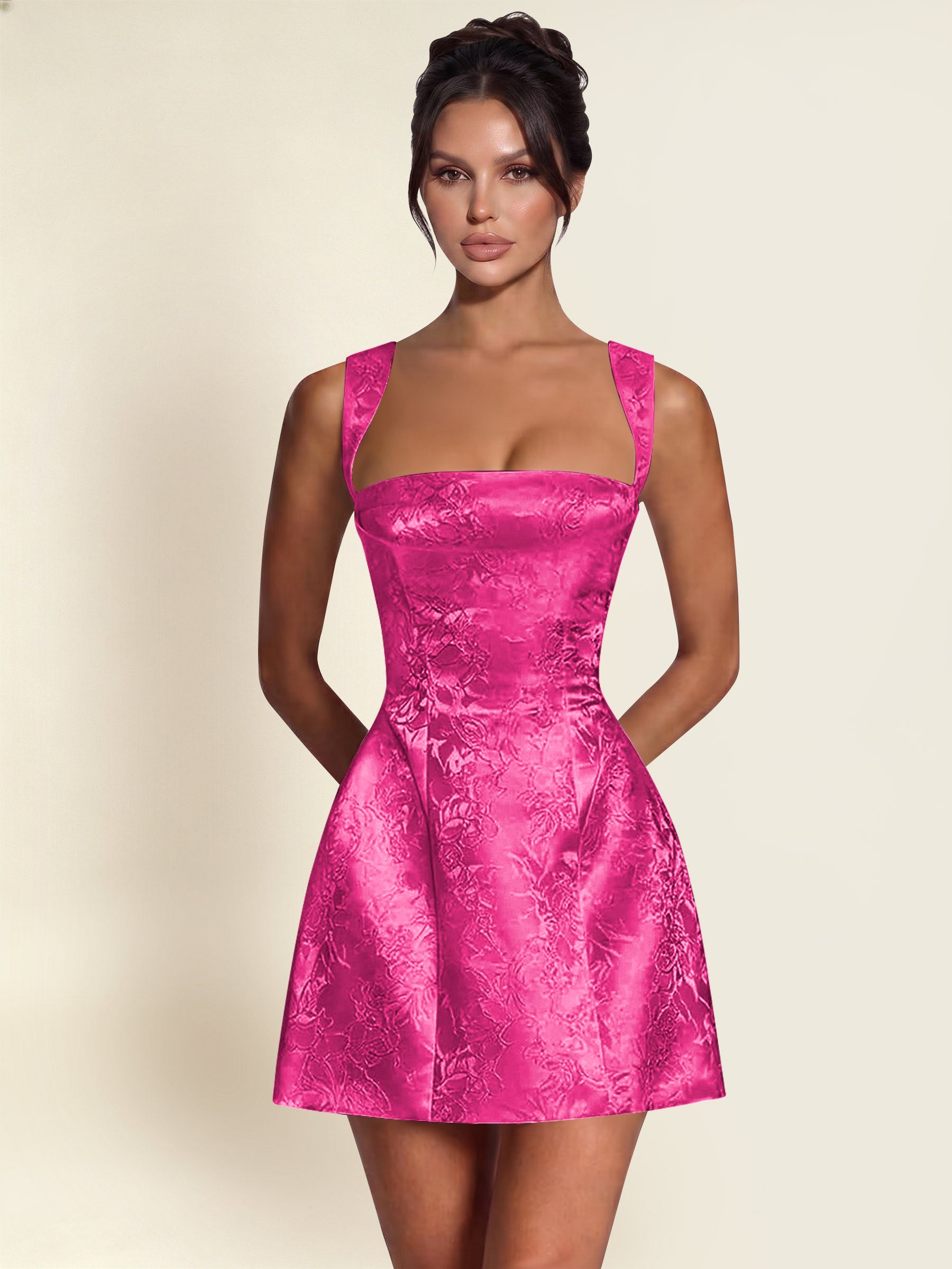 ROVDESY A-Line Square Neck Jacquard Satin Homecoming Mini Dress