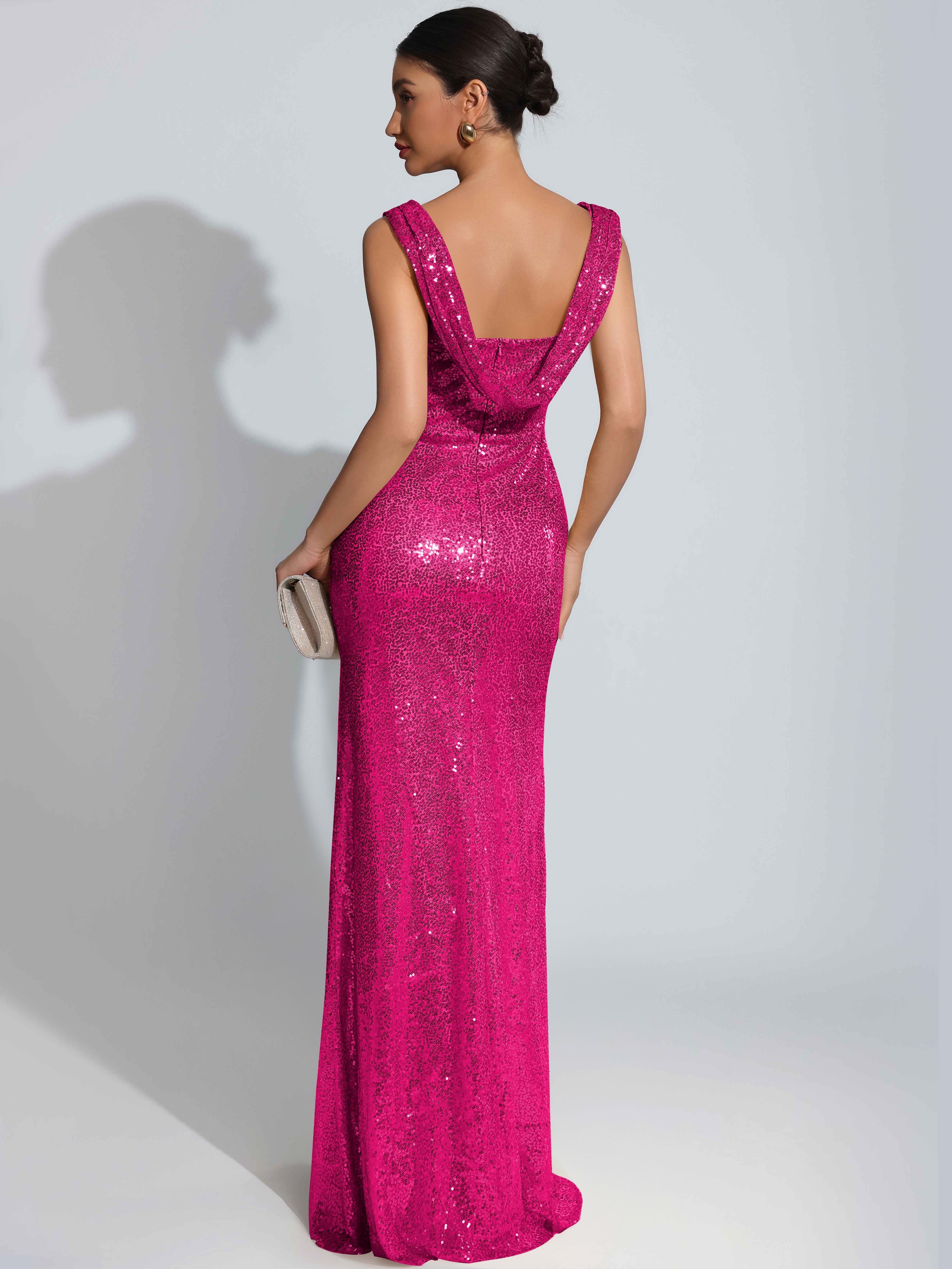 ROVDESY Sparkly Bateau Mermaid Ruched Sequin Long Prom Dress with Slit
