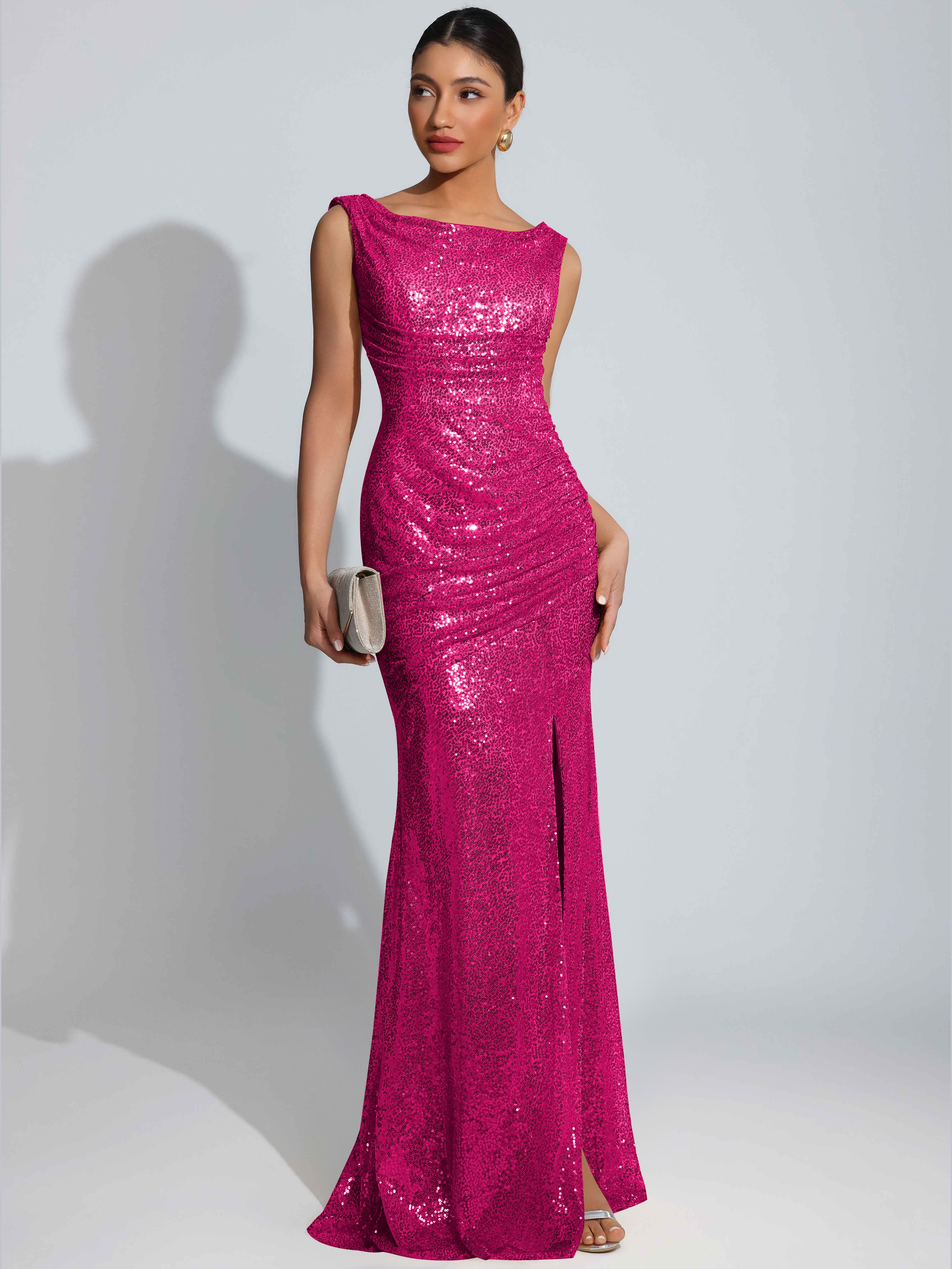ROVDESY Sparkly Bateau Mermaid Ruched Sequin Long Prom Dress with Slit