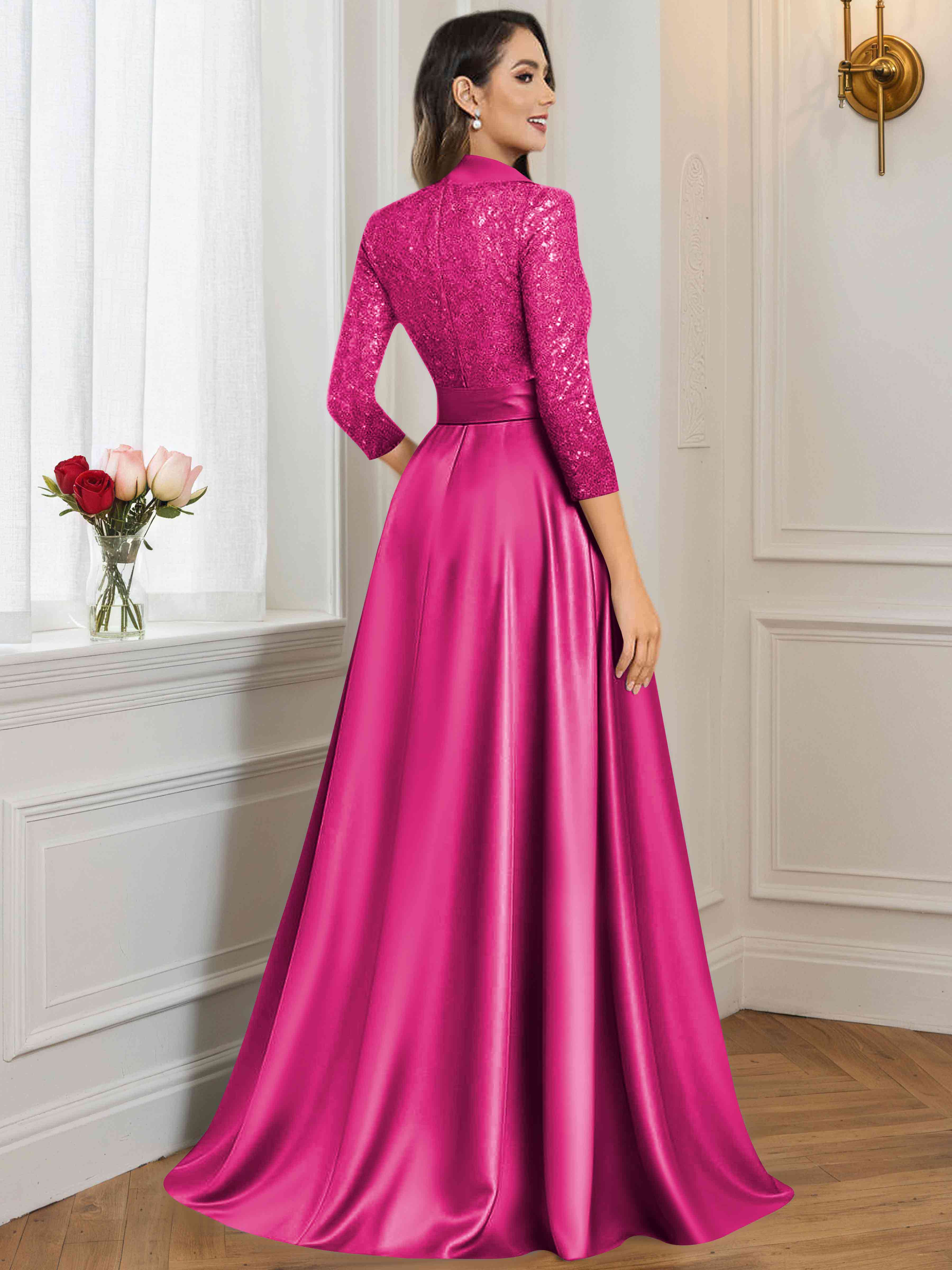 ROVDESY A-Line V Neck Sequin Satin  Long Mother of The Bride Dress Formal Gown With 3/4 Sleeves