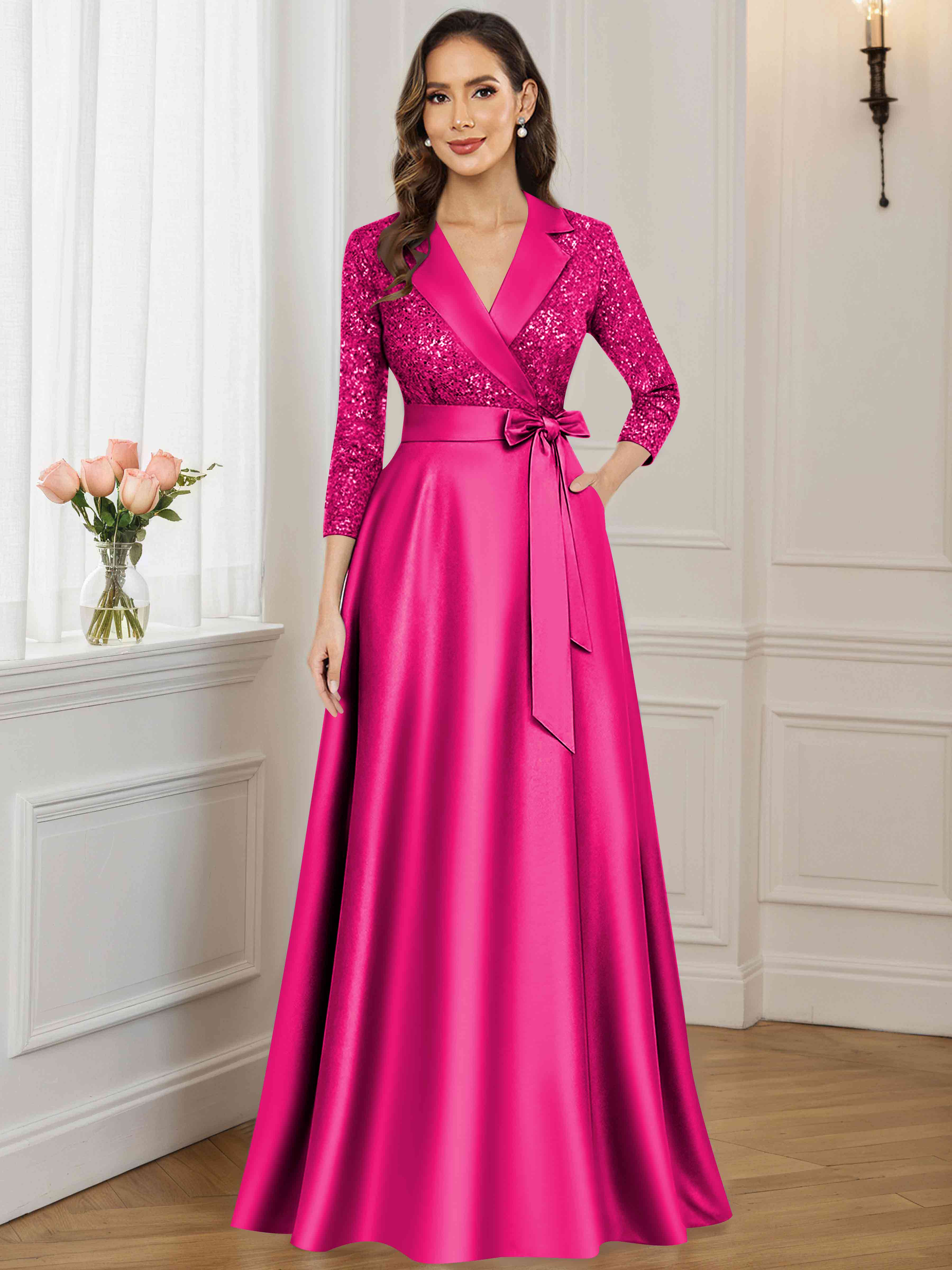 ROVDESY A-Line V Neck Sequin Satin  Long Mother of The Bride Dress Formal Gown With 3/4 Sleeves
