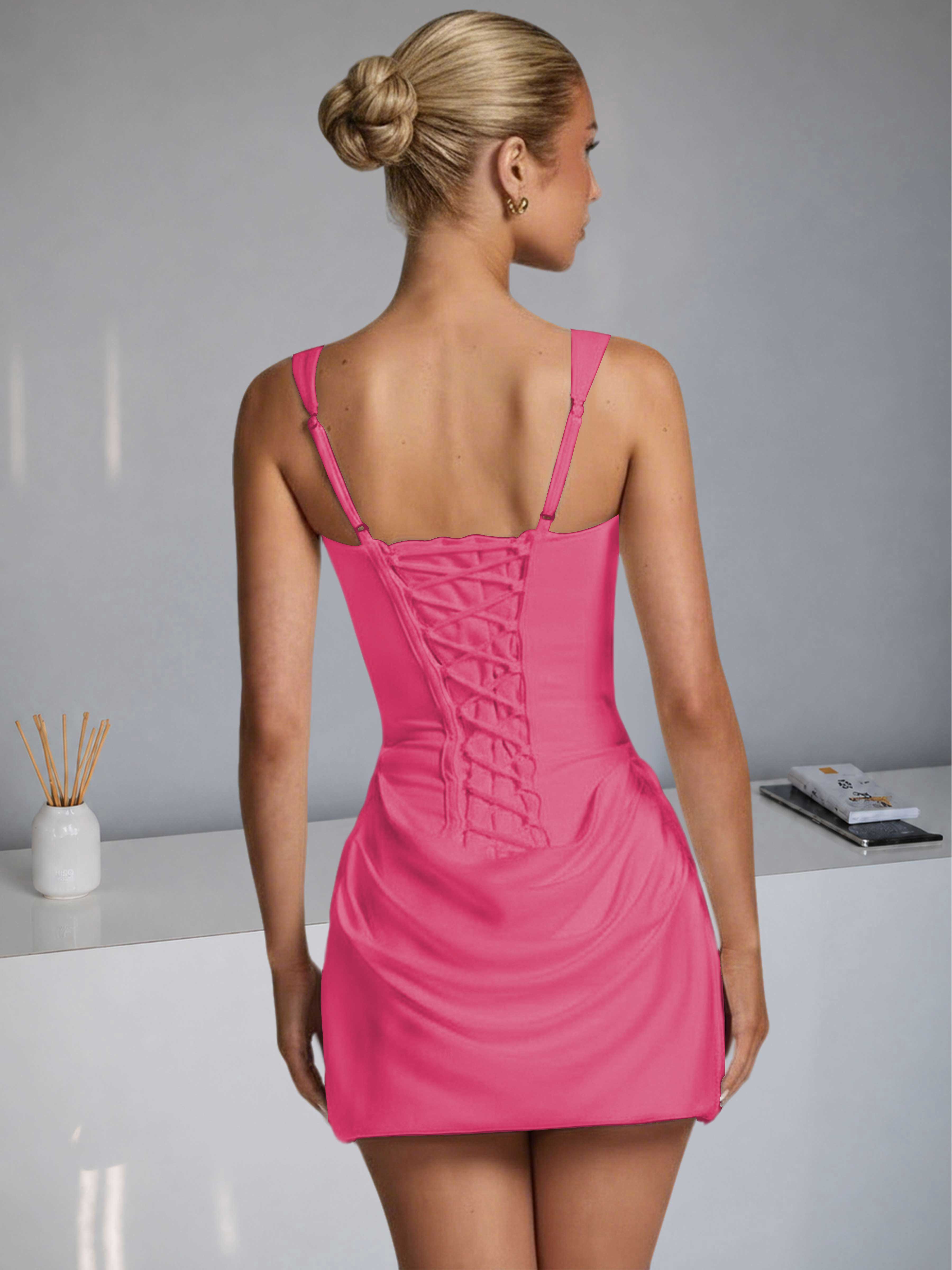 ROVDESY Square Neck Ruched Satin Homecoming Mini Dress