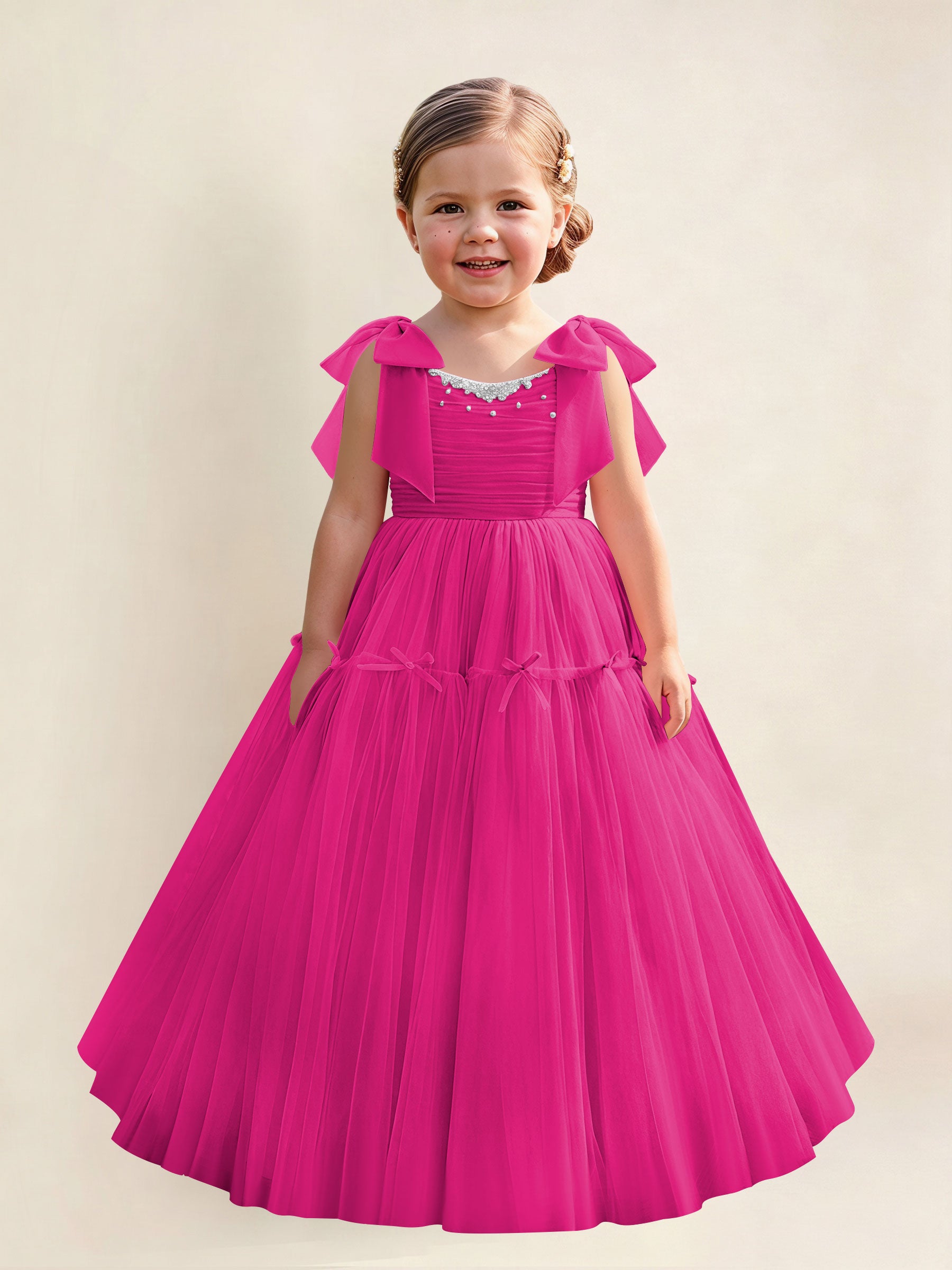 ROVDESY A-Line Tulle Flower Girl Dress With Bow Long Ball Gown Dress