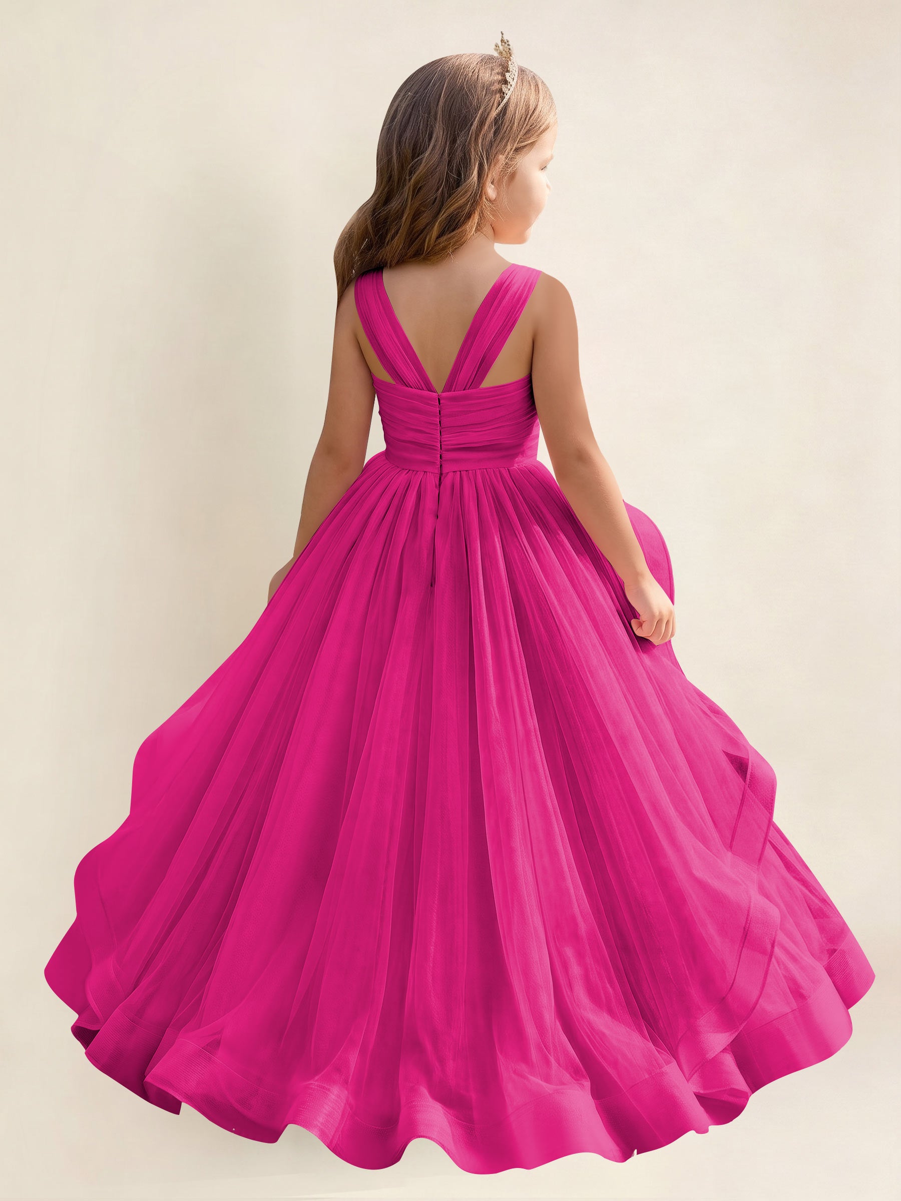 ROVDESY A-Line V-Neck Tulle Flower Girl Dress With Sleeveless Long Ball Gown Dress