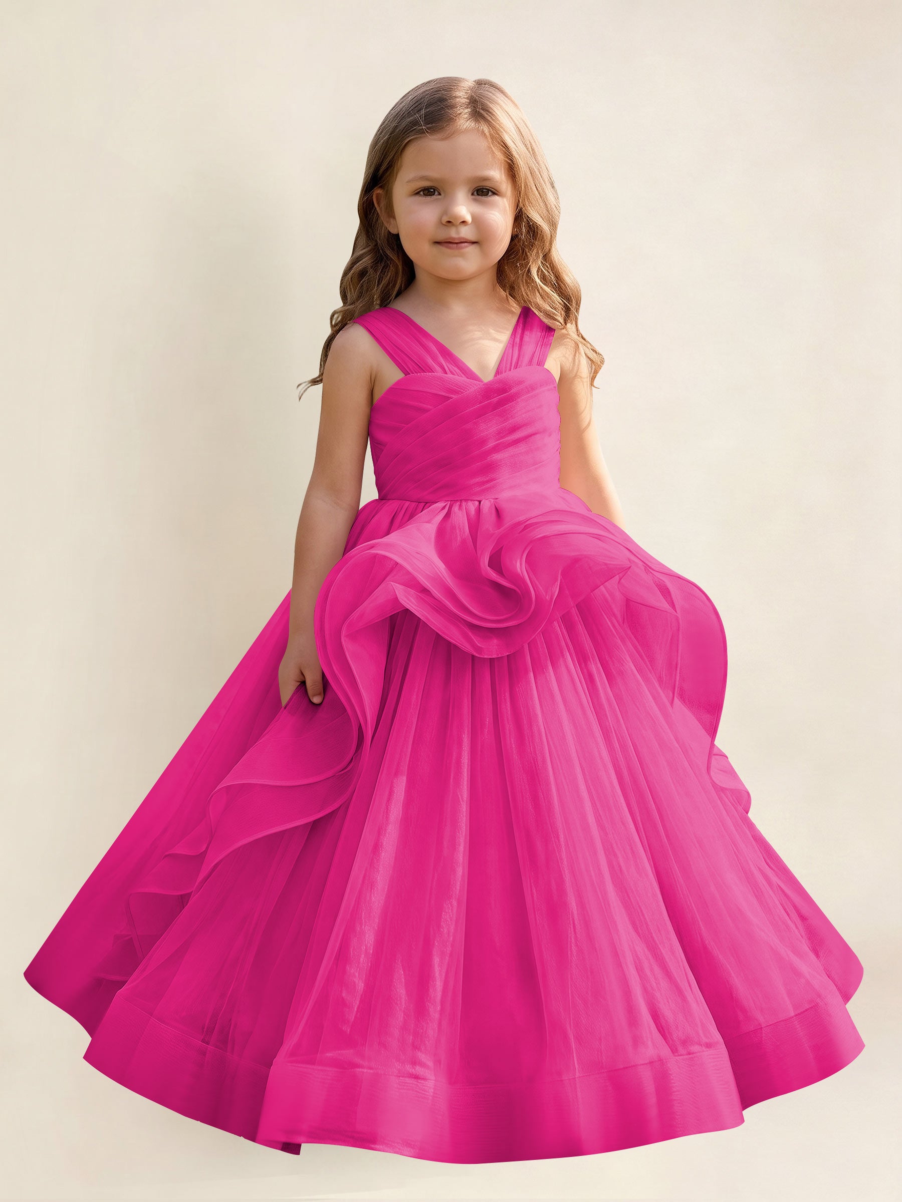 ROVDESY A-Line V-Neck Tulle Flower Girl Dress With Sleeveless Long Ball Gown Dress