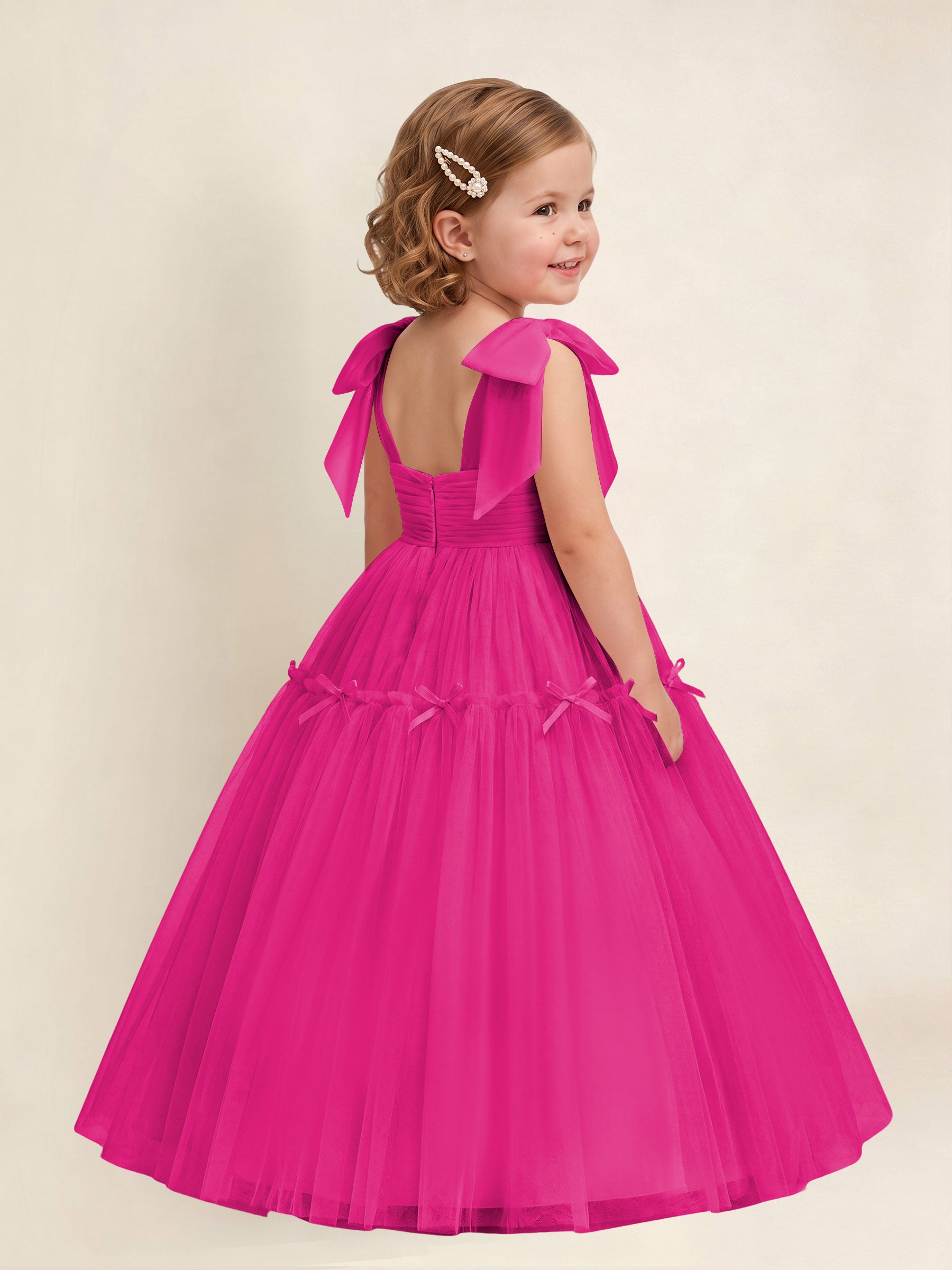ROVDESY A-Line Tulle Flower Girl Dress With Bow Long Ball Gown Dress