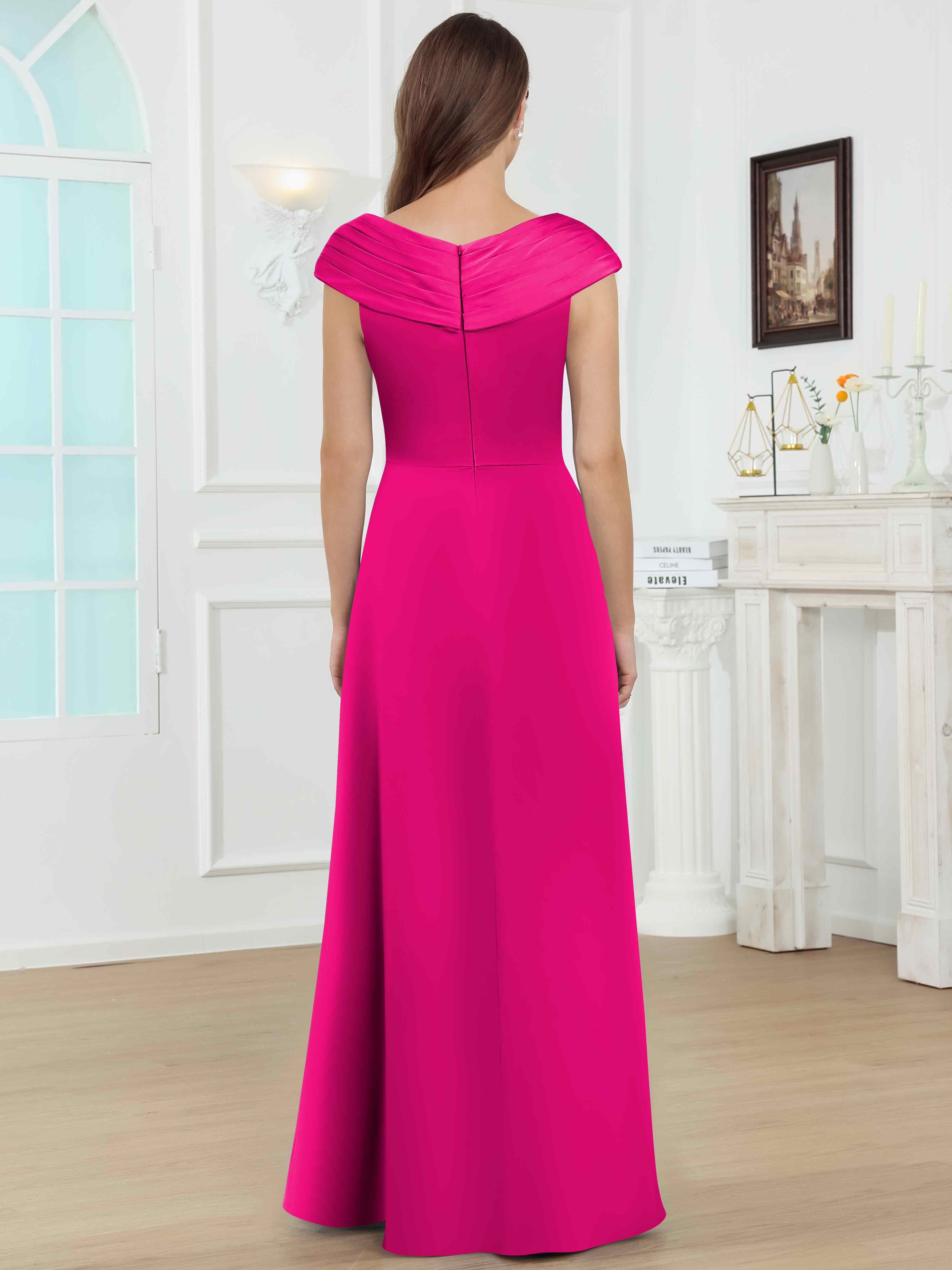 ROVDESY V-Neck Off The Shoulder Pleated Satin Mother Of The Bride Dress With Slit