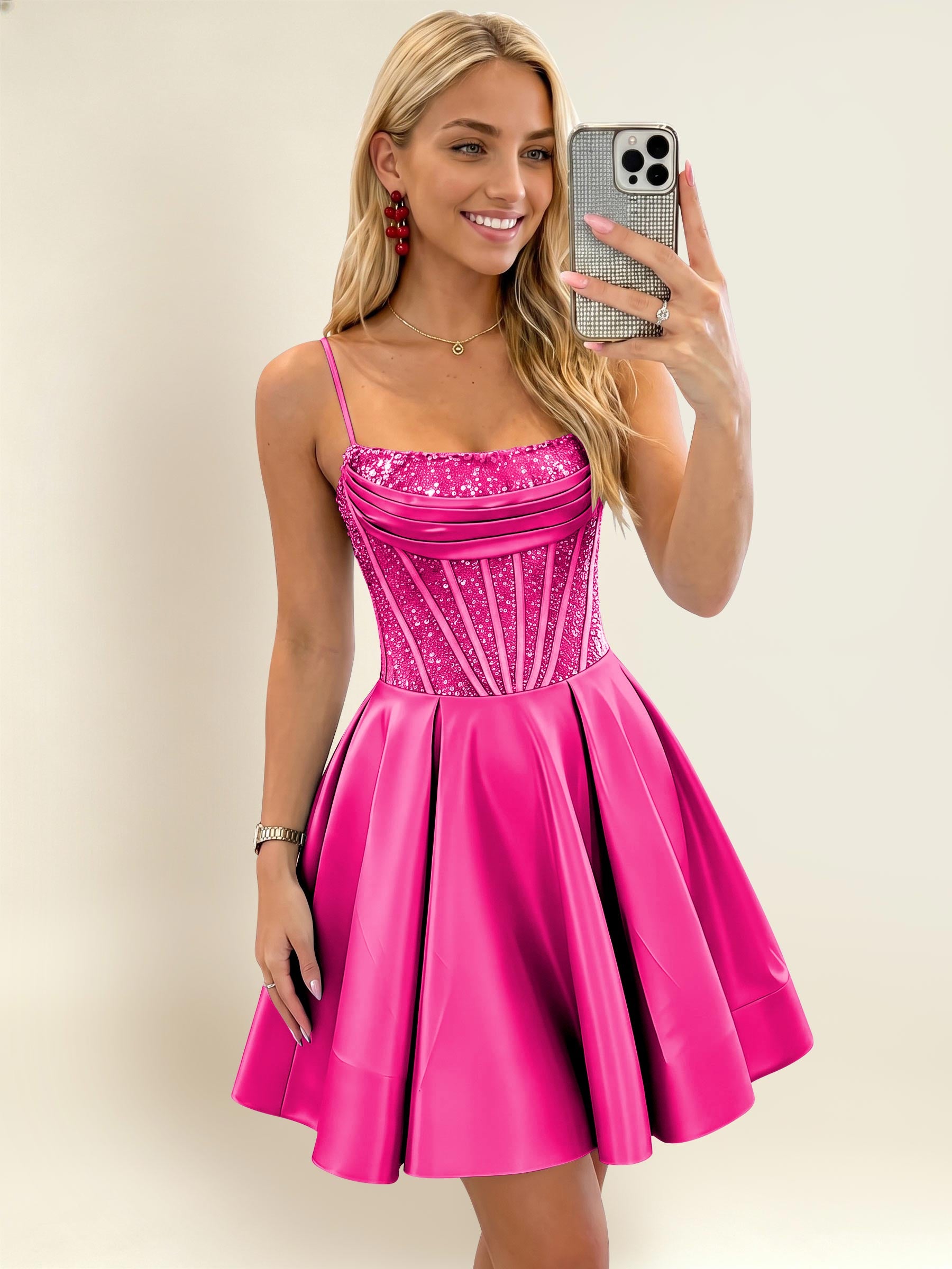 ROVDESY A-Line Spaghetti Strap Sequin Corset Satin Homecoming Mini Dress