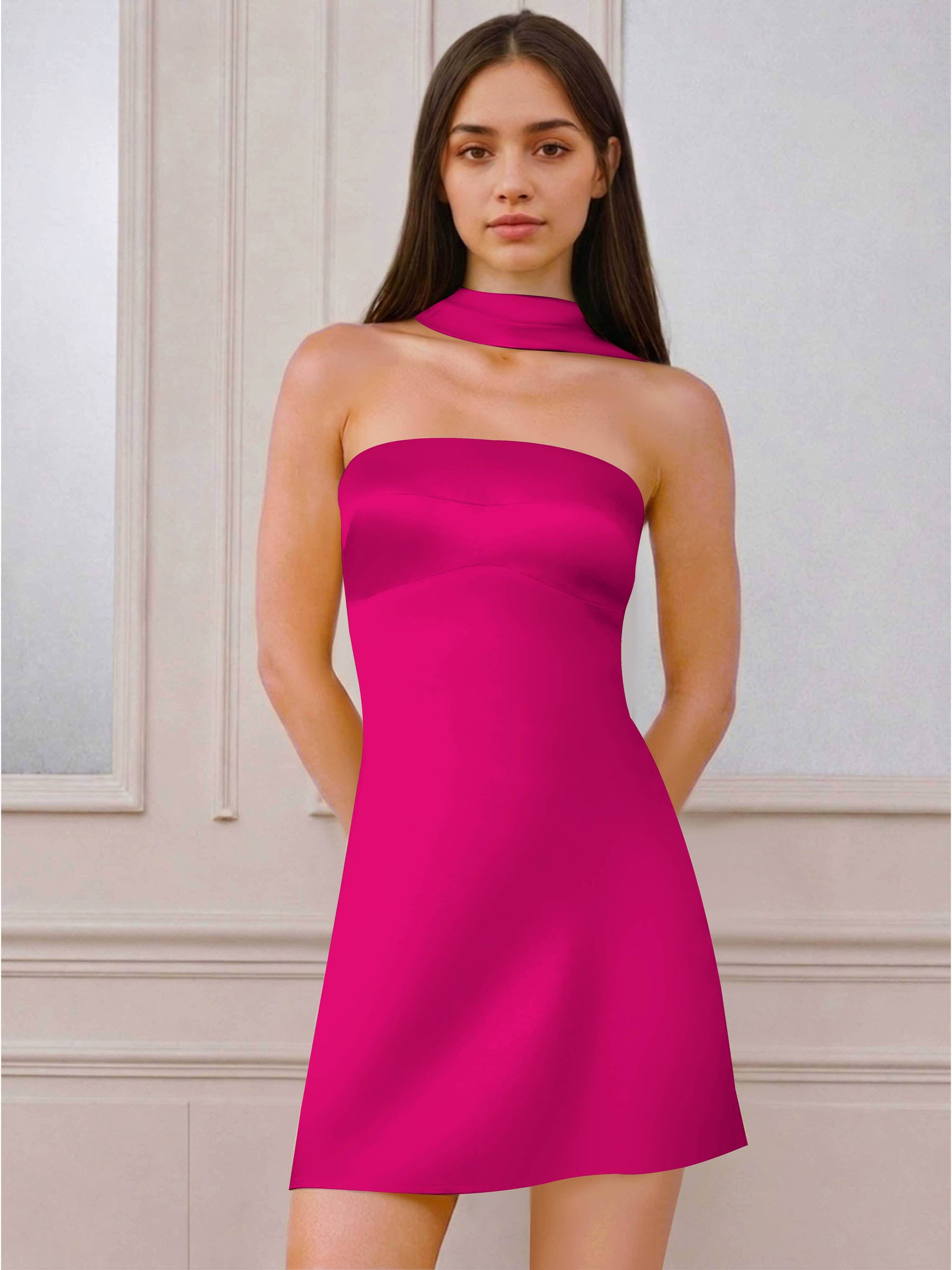 ROVDESY A-Line Halter Neck Satin Homecoming Mini Dress