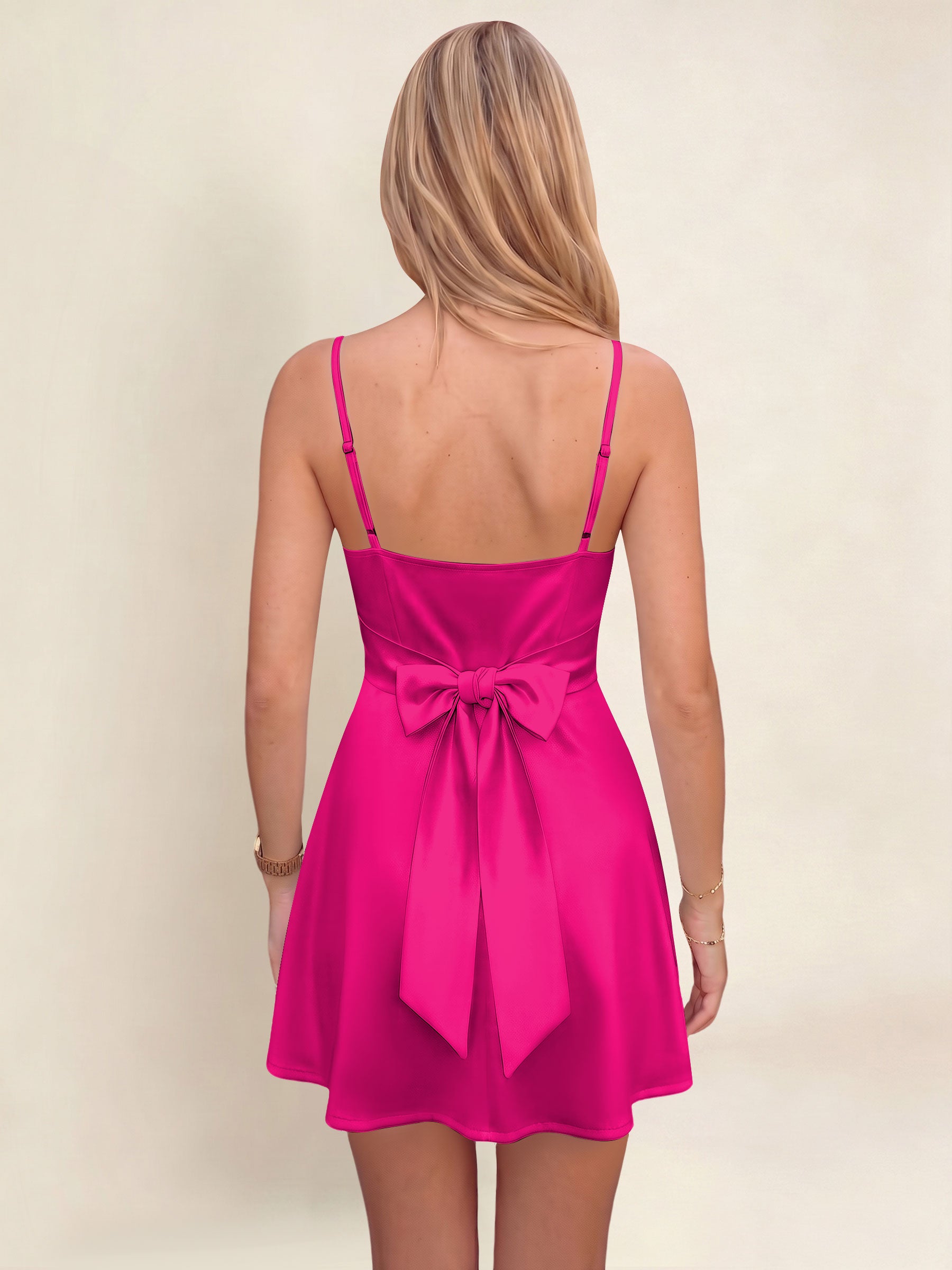 ROVDESY A-Line Spaghetti Strap Cowl Neck Satin Mini Homecoming Dress With Bow