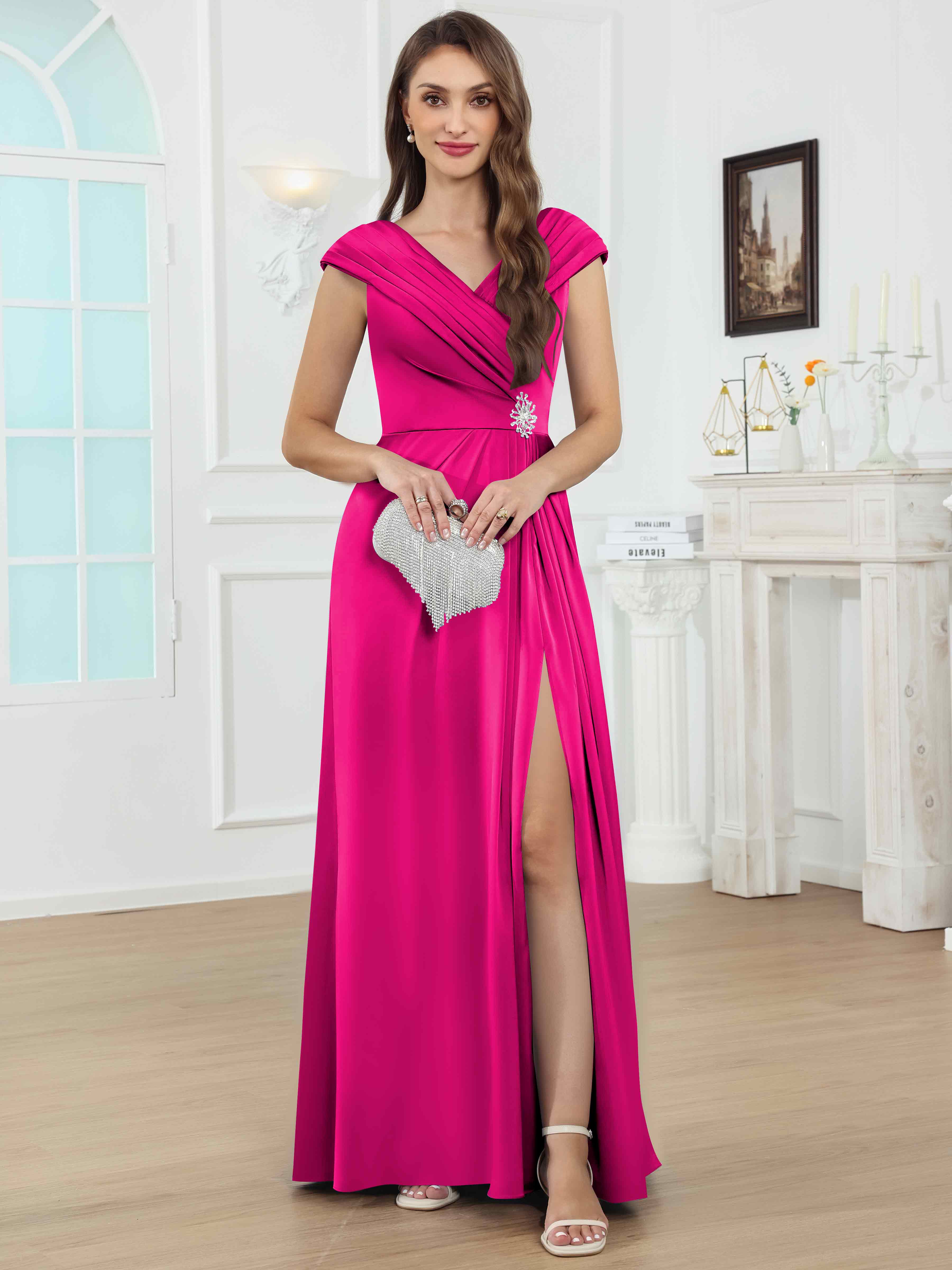 ROVDESY V-Neck Off The Shoulder Pleated Satin Mother Of The Bride Dress With Slit