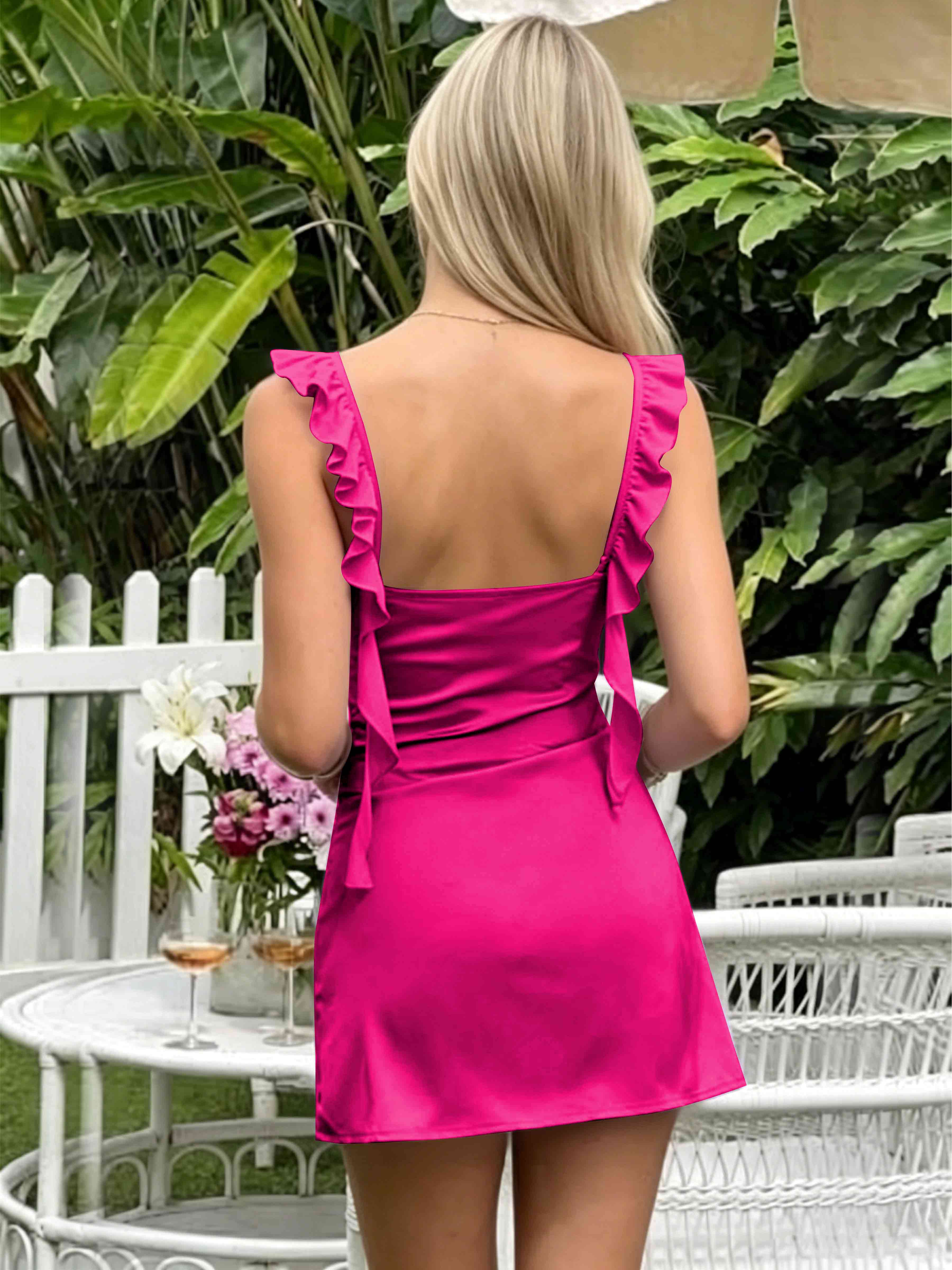 ROVDESY A-Line Ruffle Strap Satin Homecoming Mini Dress