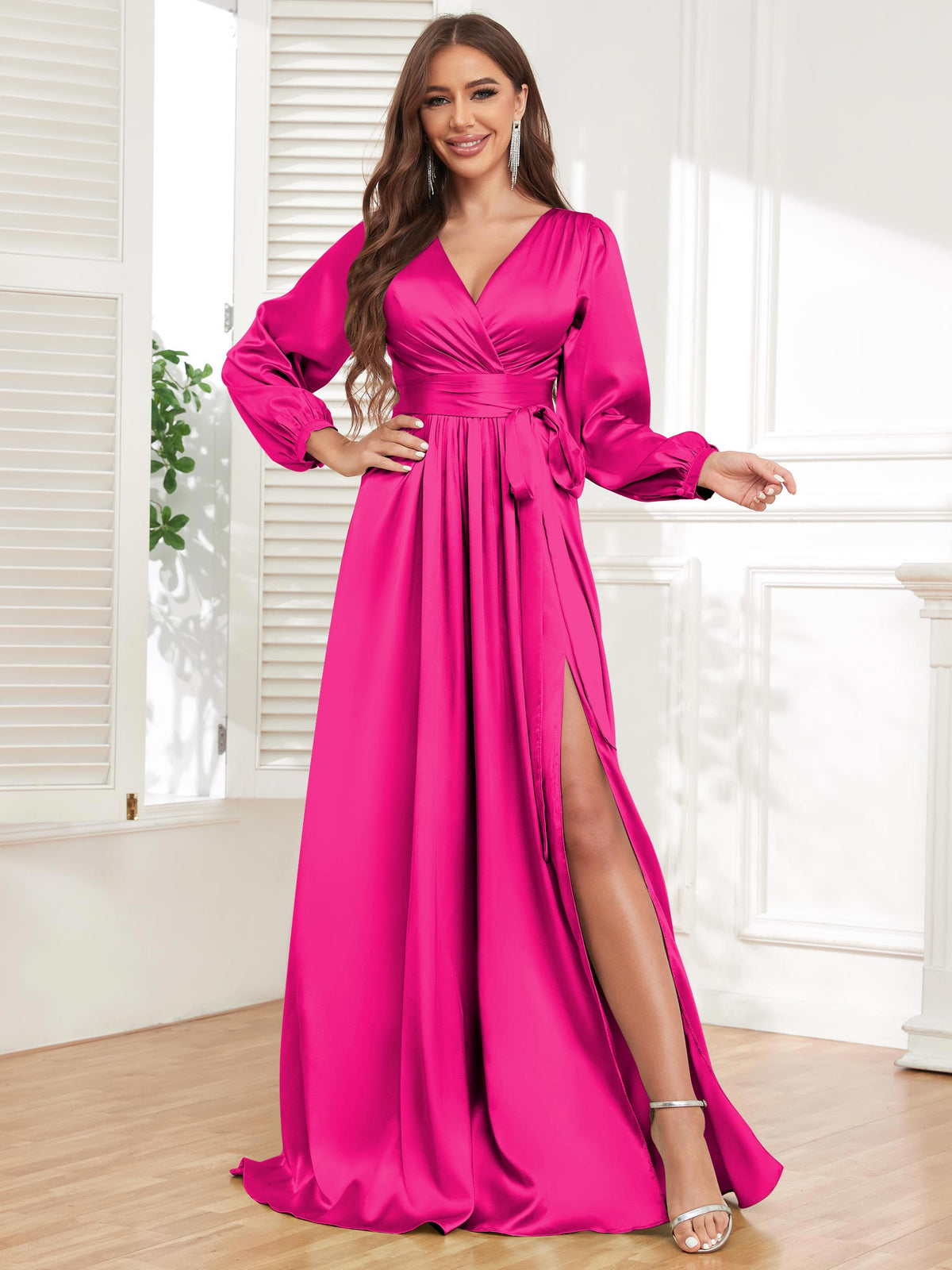 V Neck Satin Long Sleeve Bridesmaid Dress with Slit