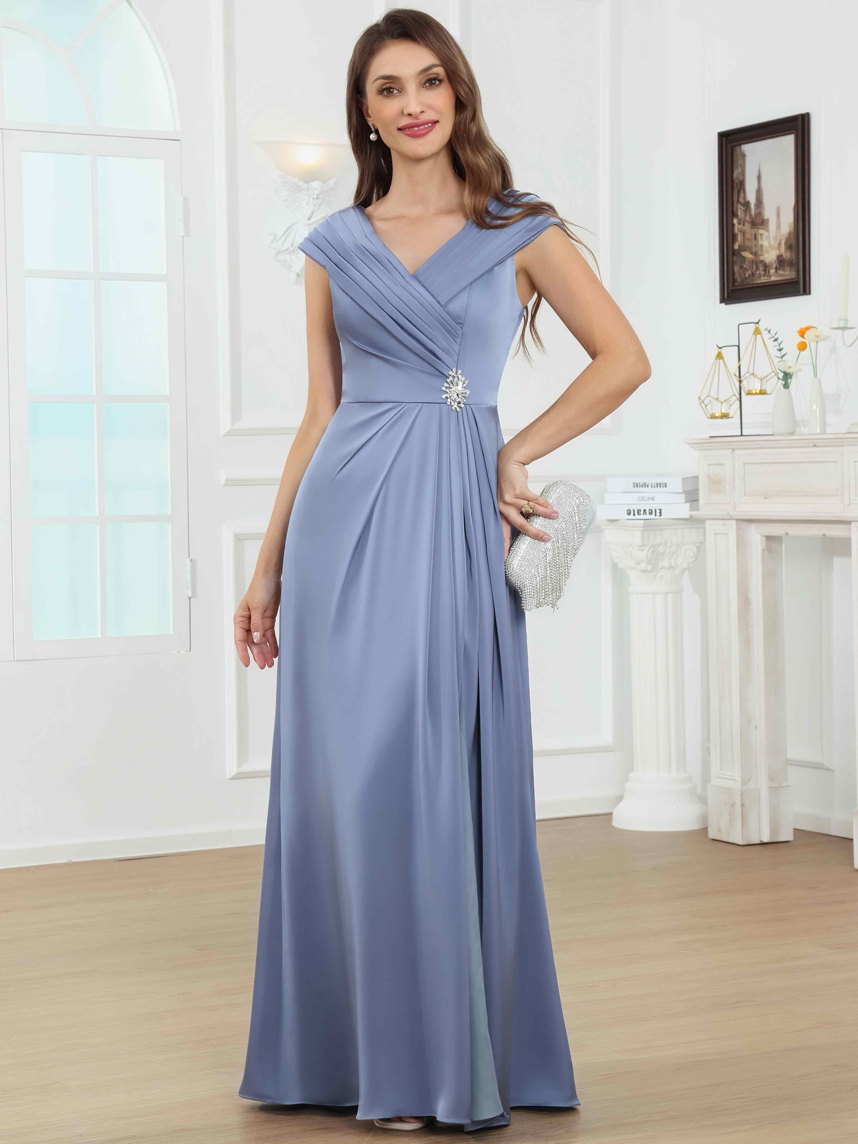 ROVDESY V-Neck Off The Shoulder Pleated Satin Mother Of The Bride Dress With Slit