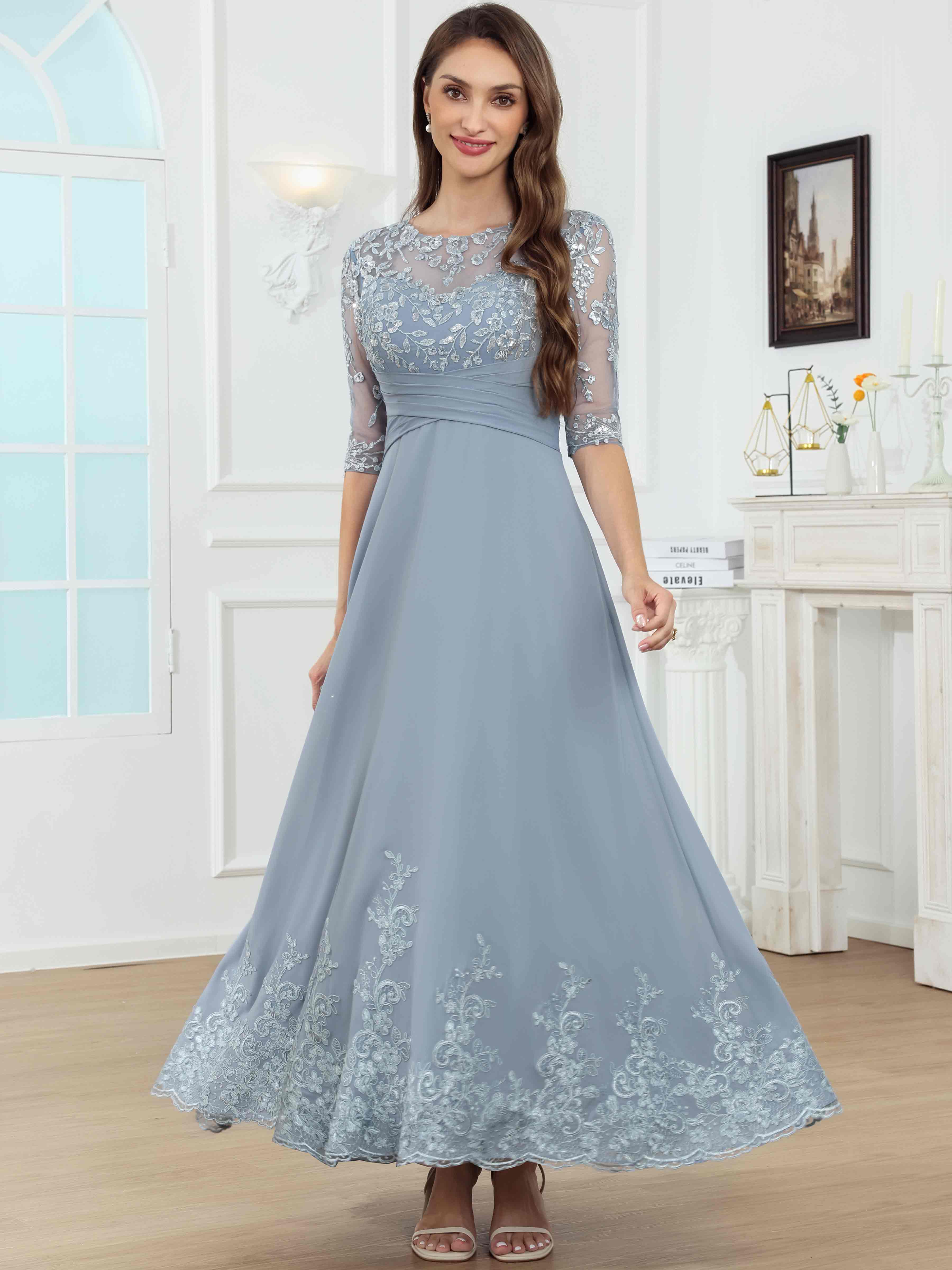 ROVDESY A-Line Lace Sequin Pleated Chiffon Mother Of The Bride Dress With Half Sleeves