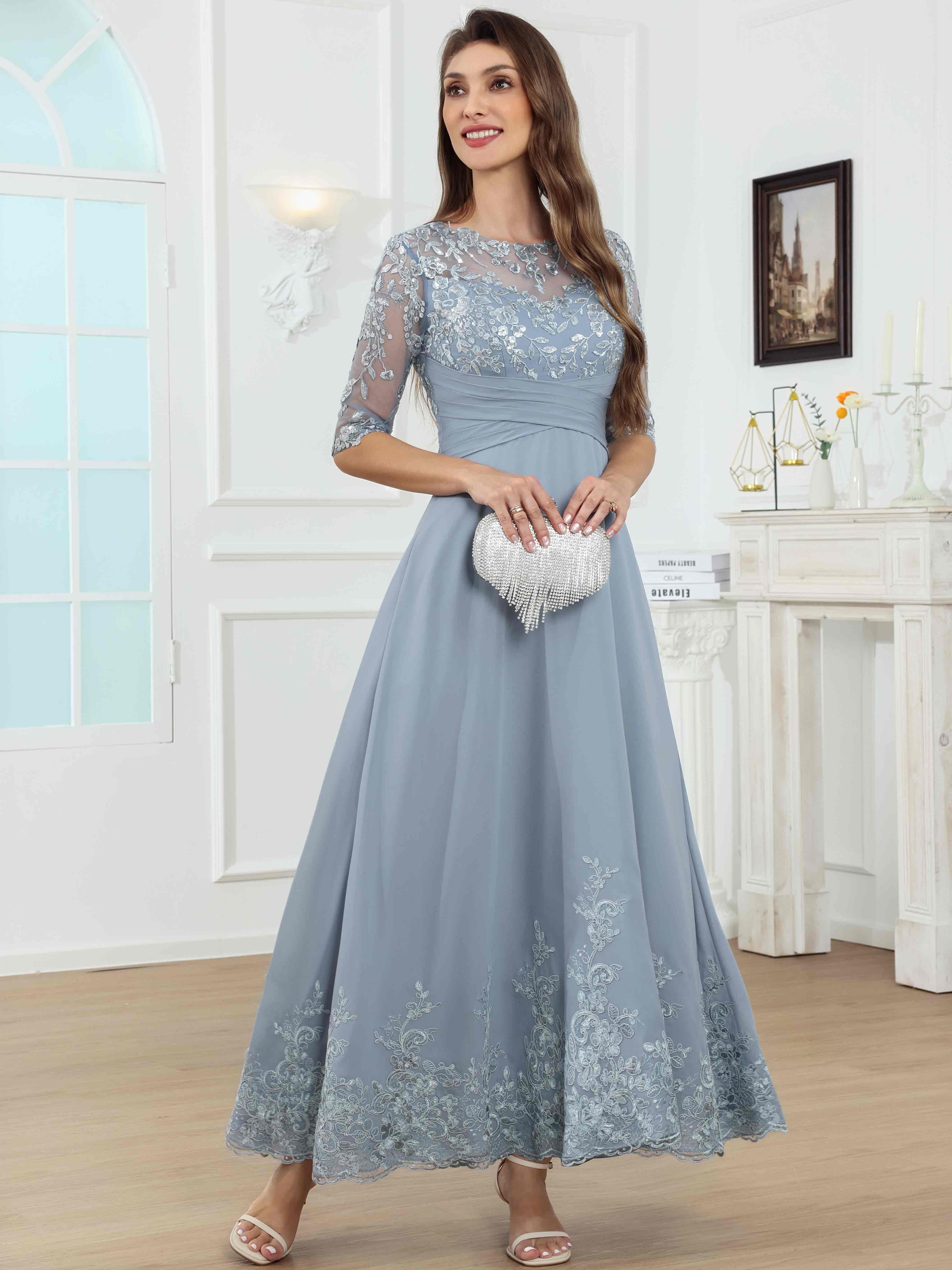 ROVDESY A-Line Lace Sequin Pleated Chiffon Mother Of The Bride Dress With Half Sleeves