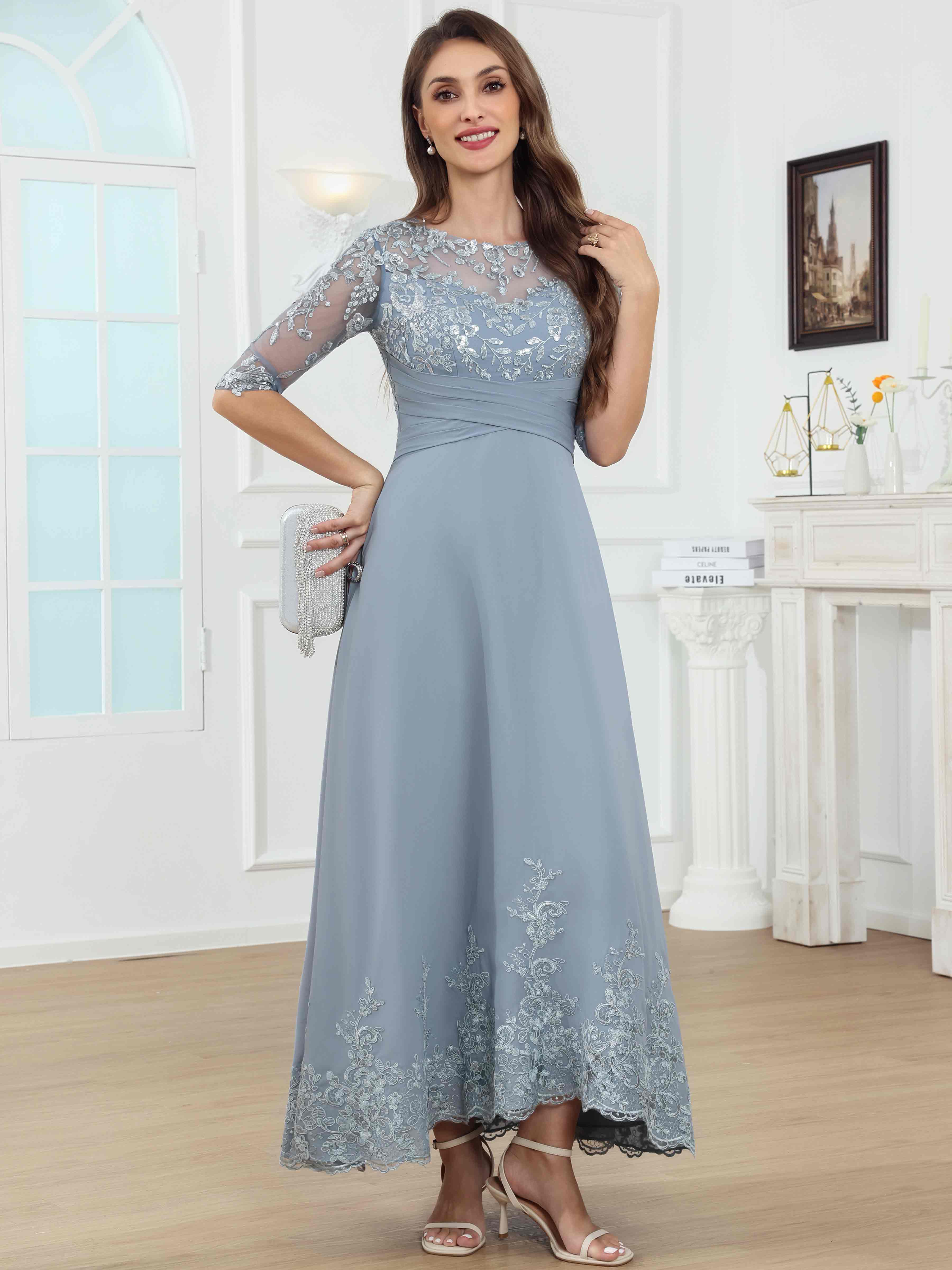 ROVDESY A-Line Lace Sequin Pleated Chiffon Mother Of The Bride Dress With Half Sleeves