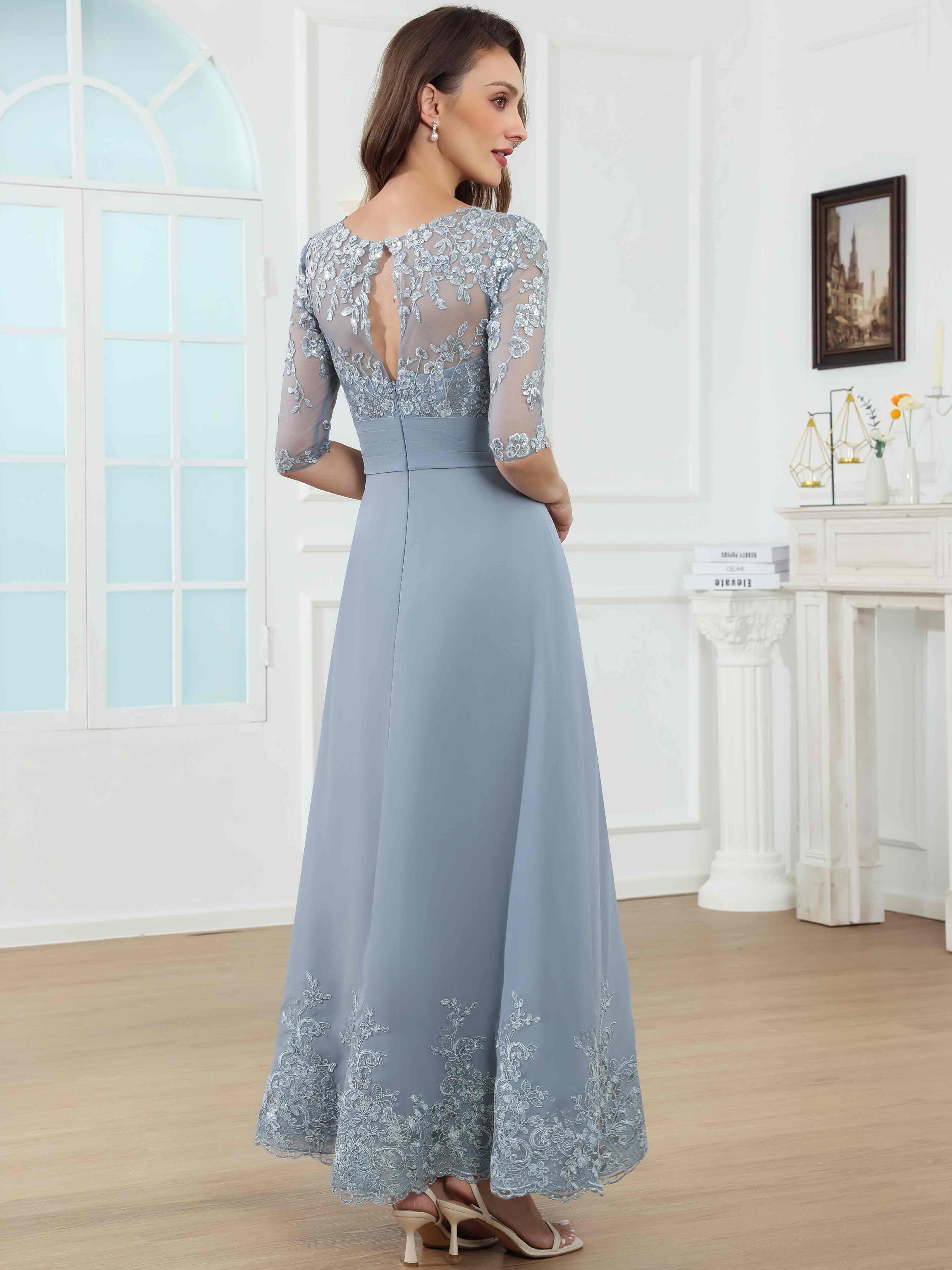 ROVDESY A-Line Lace Sequin Pleated Chiffon Mother Of The Bride Dress With Half Sleeves